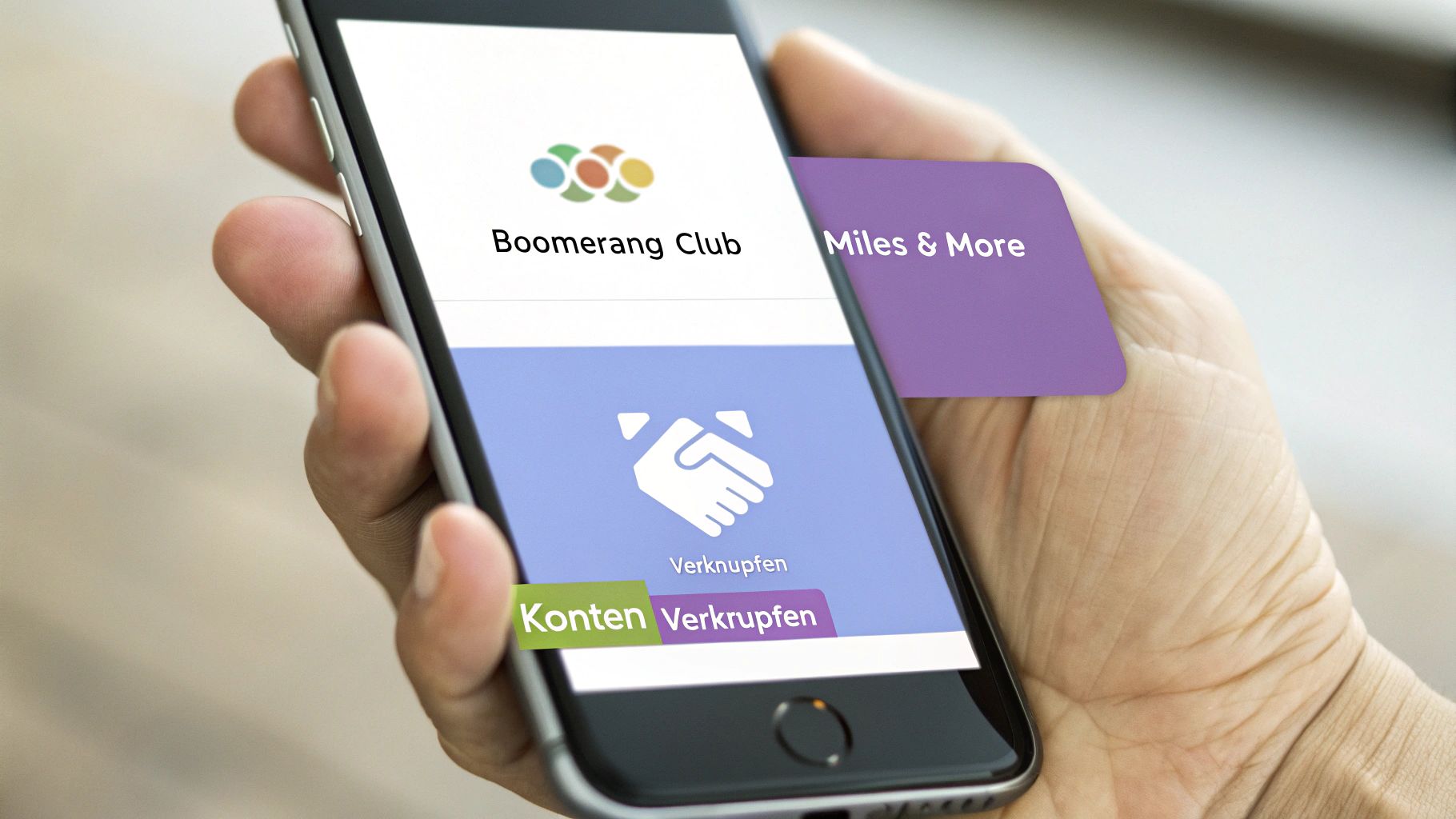 Hand hält Smartphone mit Boomerang Club App und Miles & More Karte zum Verknüpfen von Konten.