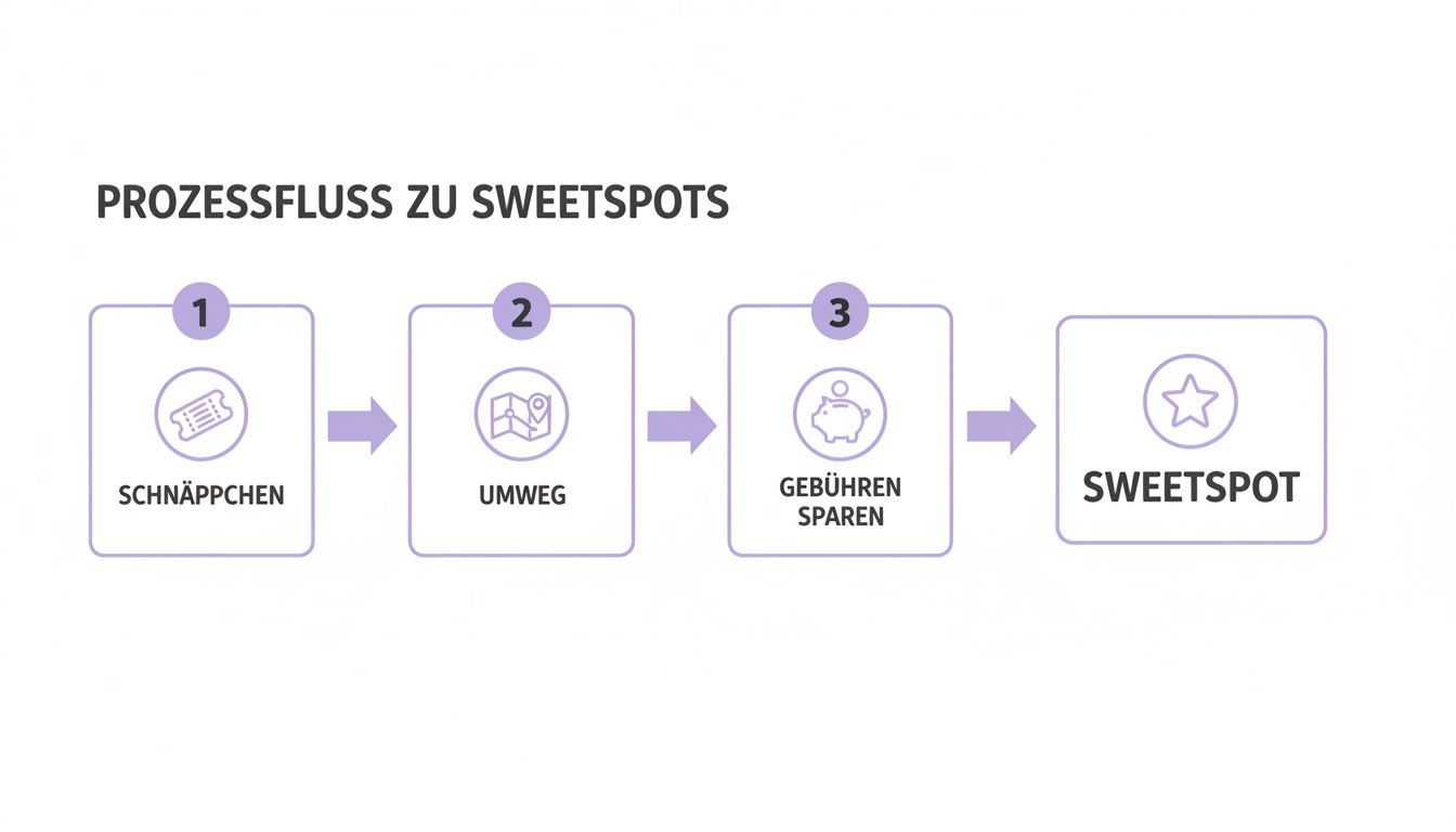 Flussdiagramm zum Finden von Sweetspots mit den Schritten Schnäppchen, Umweg und Gebühren sparen.