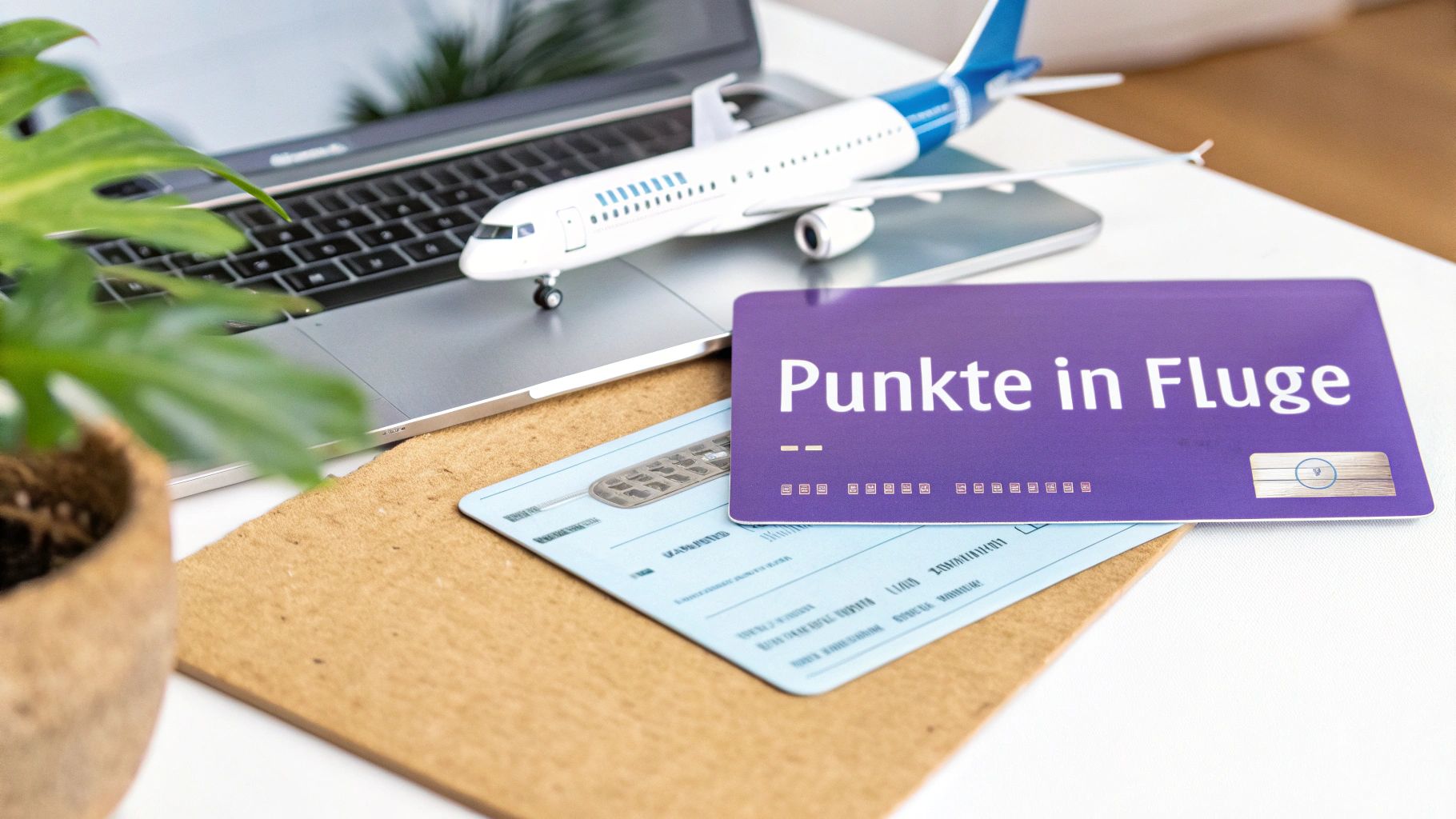 Laptop, Modellflugzeug und Kreditkarten, die das Einlösen von Punkten für Flüge symbolisieren.