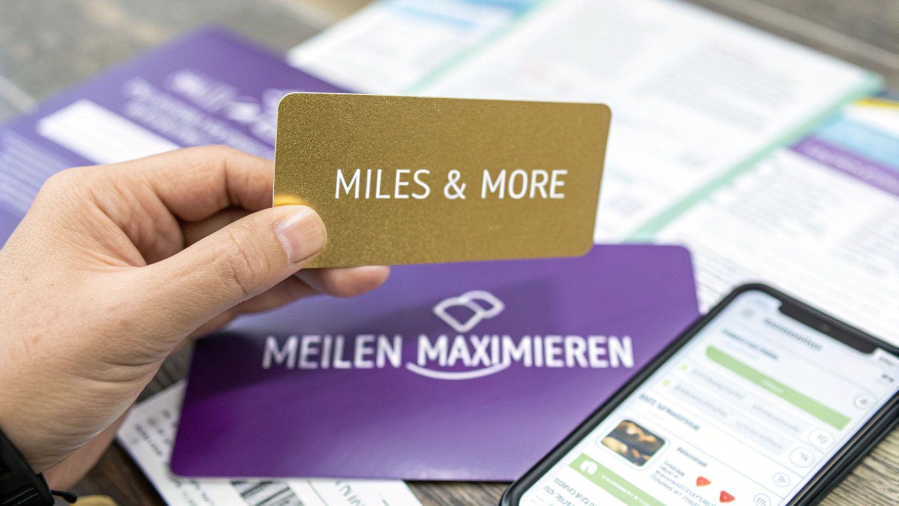 Eine Hand hält eine goldene Miles & More Karte. Im Hintergrund sind Informationsmaterialien und ein Smartphone zu sehen.