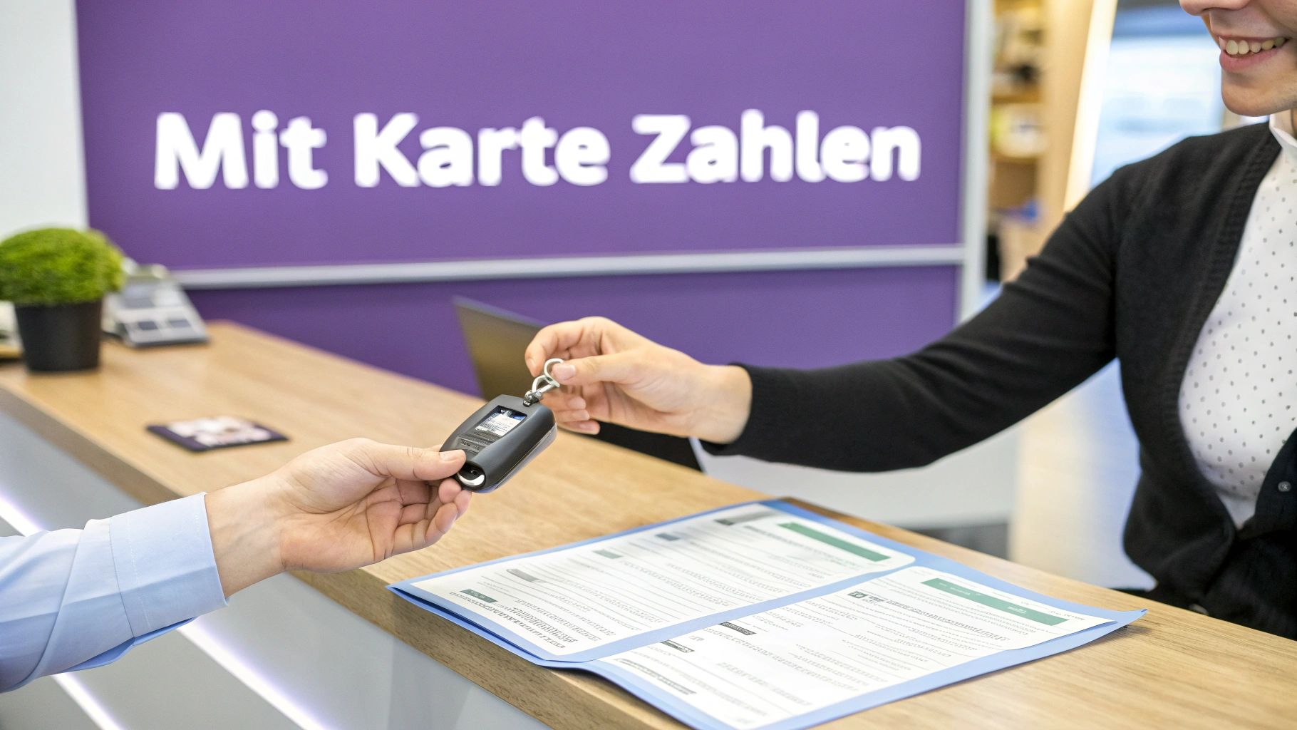 Eine Person übergibt Autoschlüssel an eine andere Person an einem Schalter, im Hintergrund steht 'Mit Karte Zahlen'.