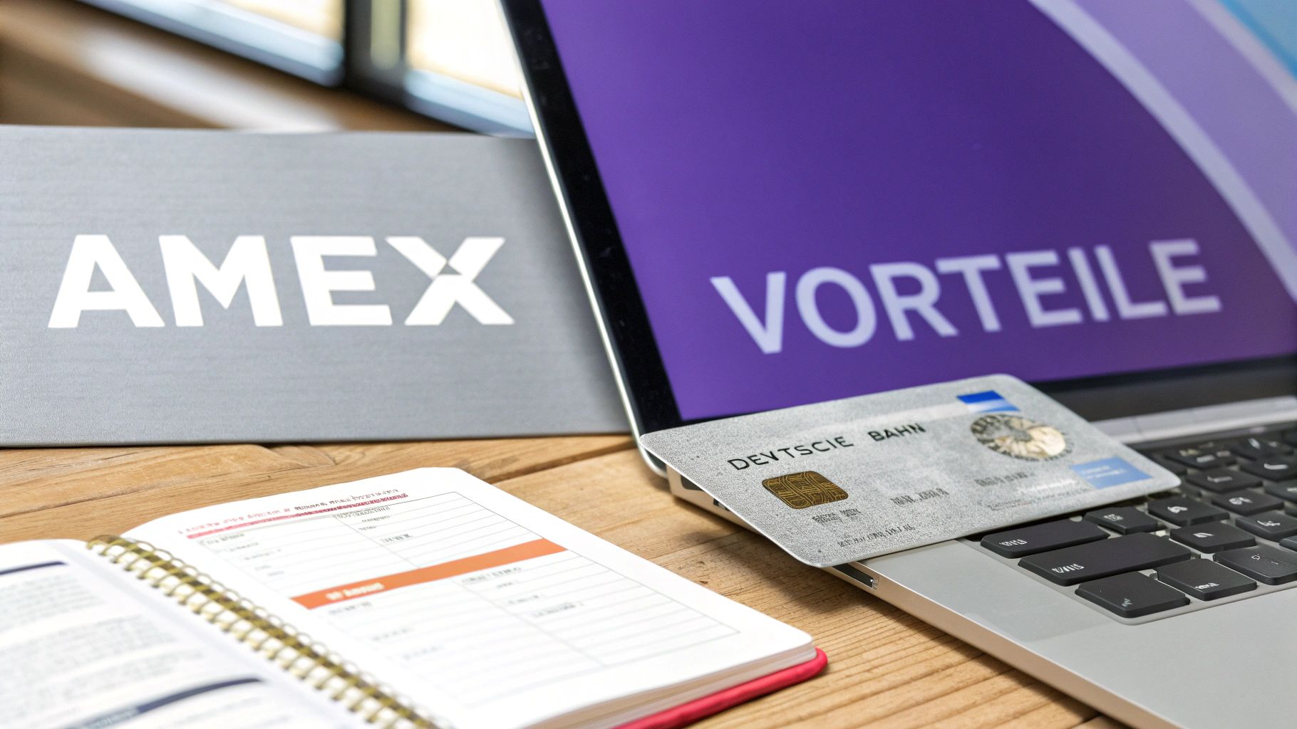 Eine Deutsche Bahn Kreditkarte auf einem Laptop mit dem Wort ‚Vorteile' und einer AMEX Box.