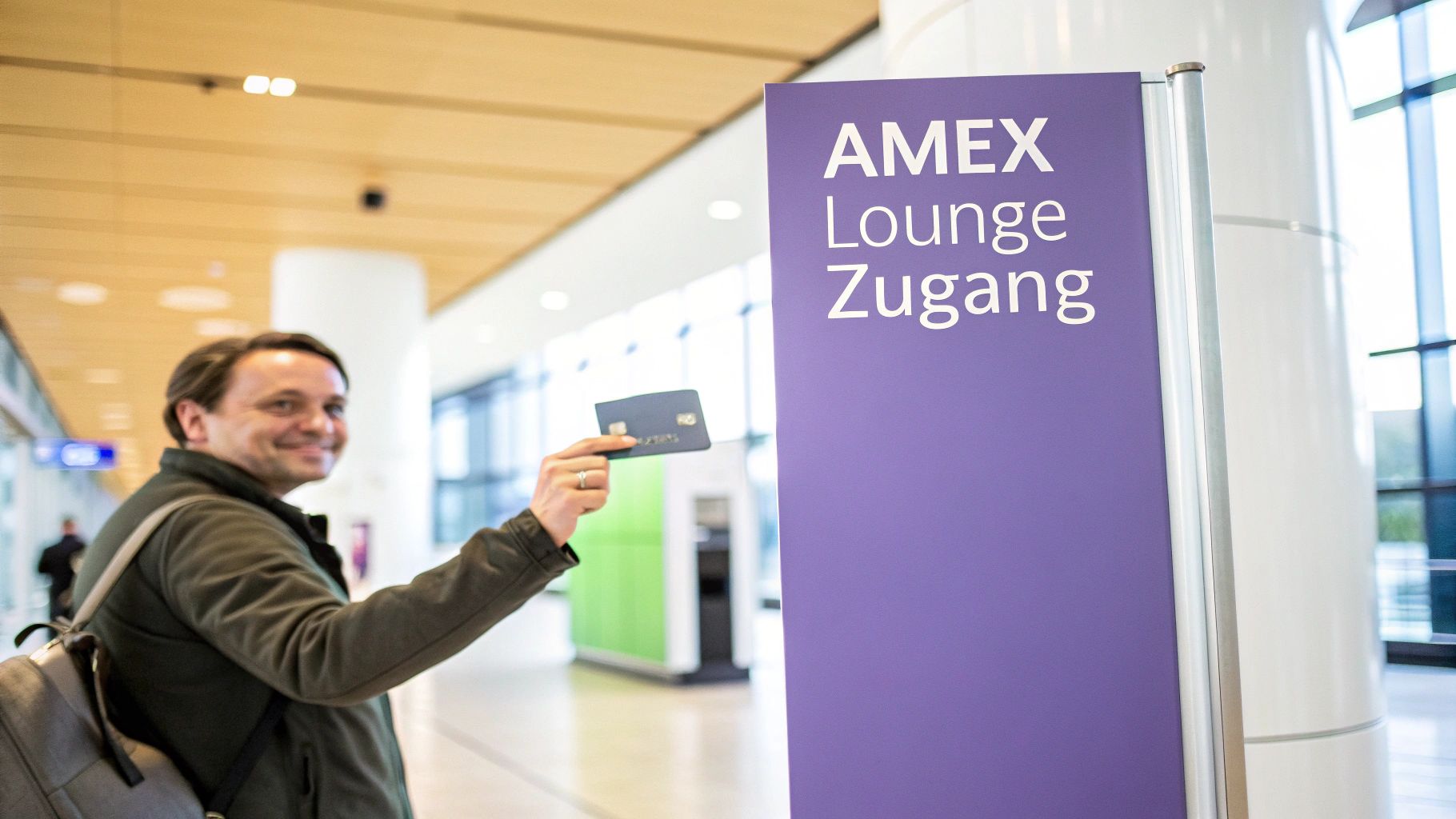 Lächelnder Mann hält eine AMEX Karte vor einem lila Schild für den AMEX Lounge Zugang am Flughafen.