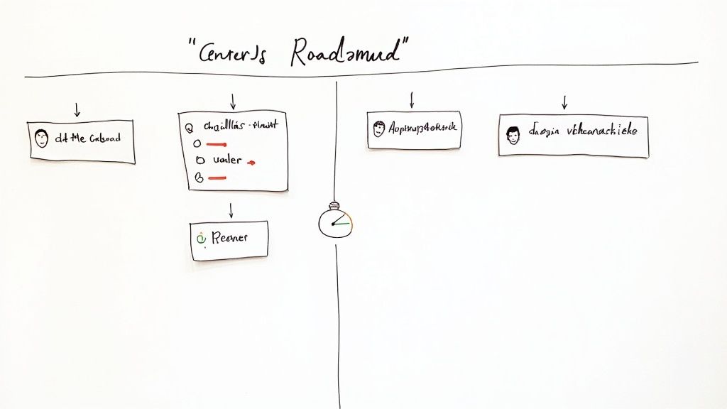 Handgezeichnete Roadmap mit verschiedenen Stationen und Namen, verbunden durch Pfeile und eine vertikale Linie