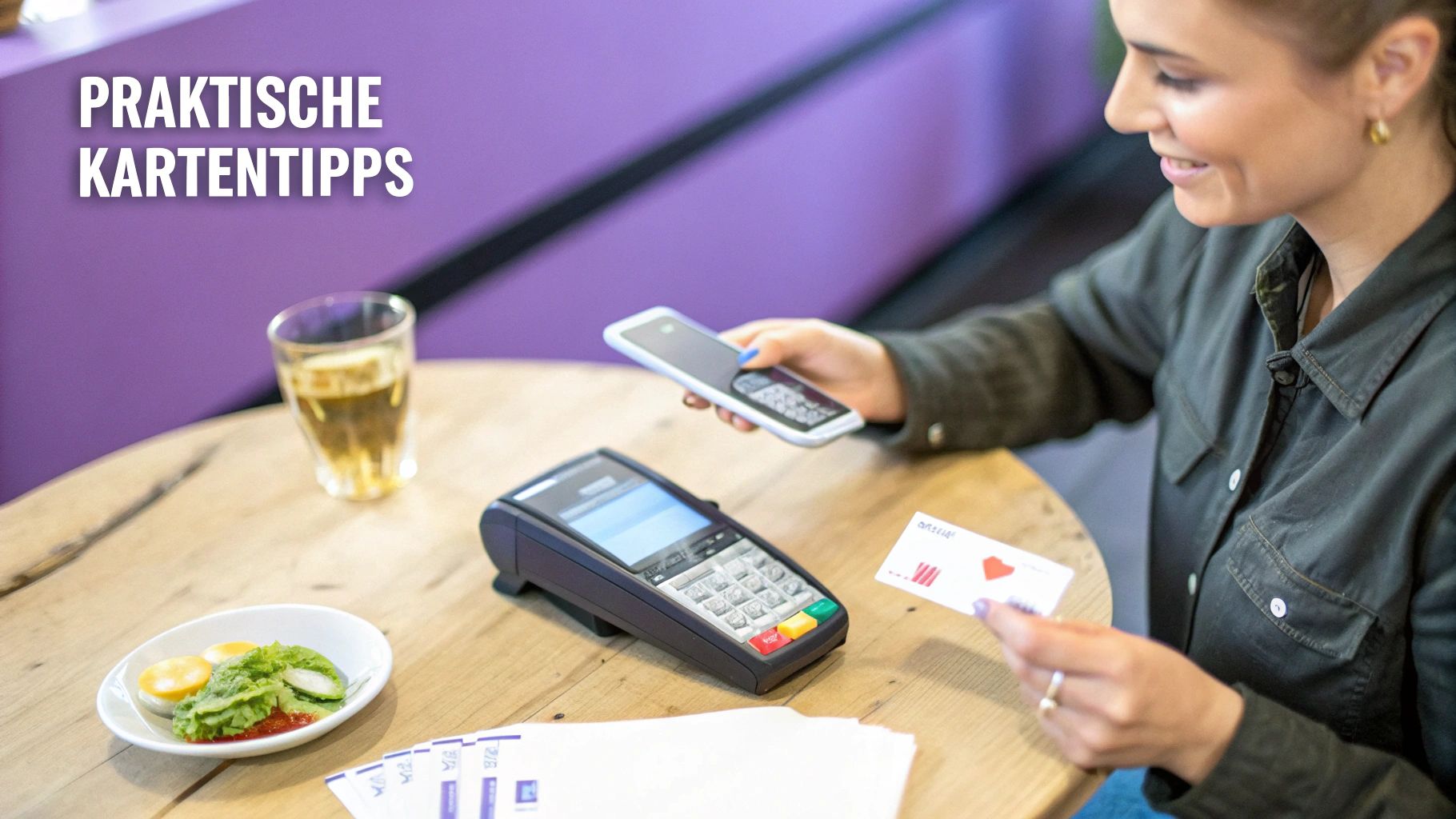 Eine lächelnde Frau zahlt kontaktlos mit ihrem Smartphone an einem POS-Terminal. Sie hält eine Karte und sitzt an einem Tisch mit Getränk und Essen. Im Hintergrund steht: Praktische Kartentipps.