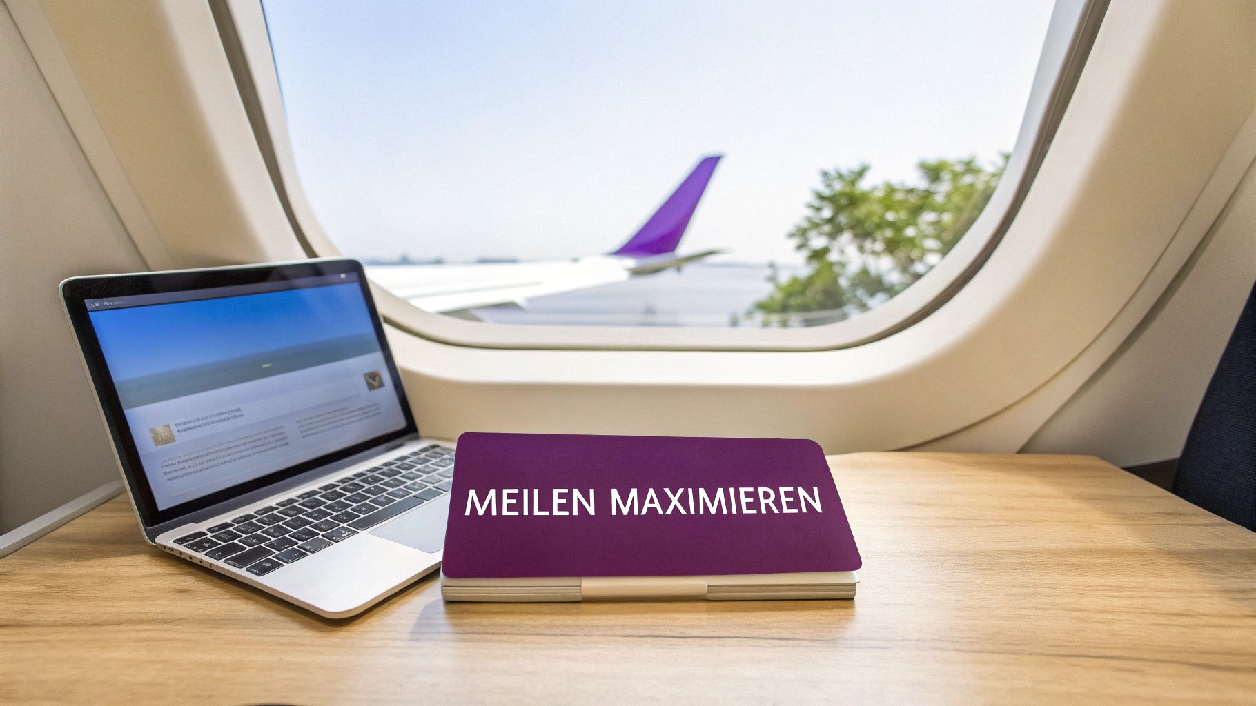 Im Flugzeug: Laptop und ein Buch 'Meilen Maximieren' auf dem Tisch, mit Blick aus dem Fenster auf ein Flugzeug.