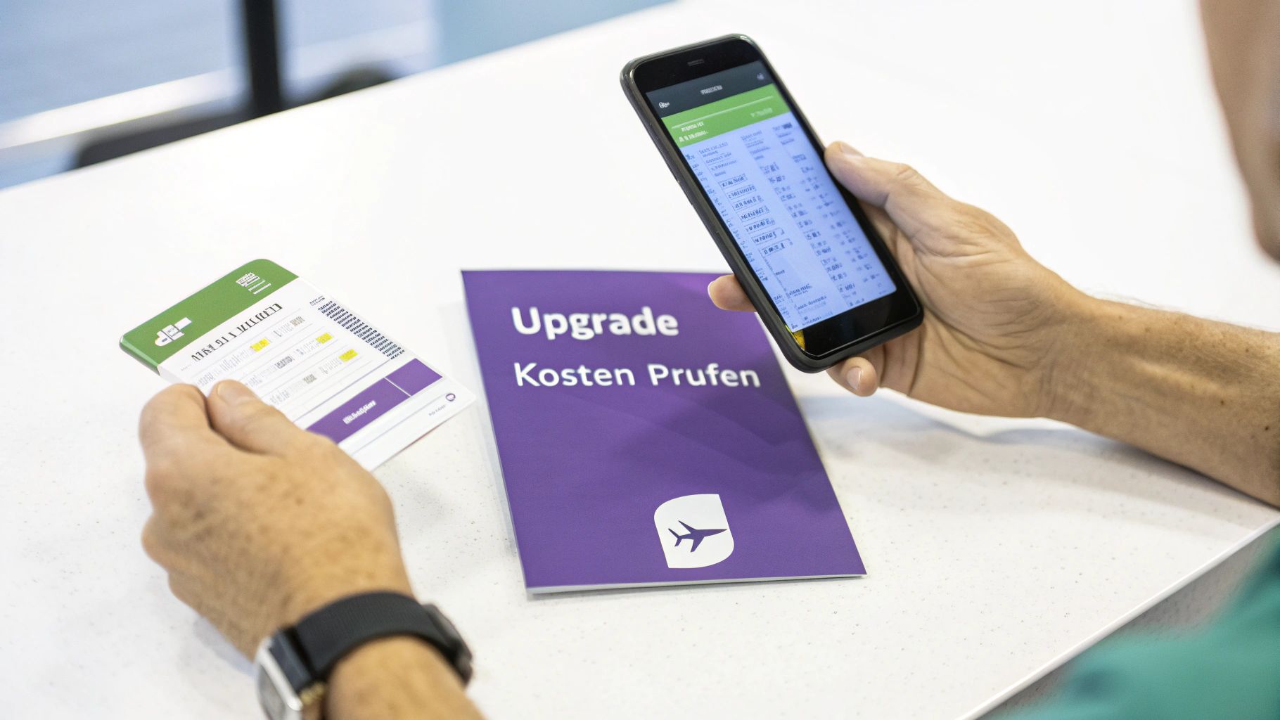 Person prüft Lufthansa Flugdaten auf Smartphone neben Upgrade-Broschüre und Bordkarte auf weißem Tisch