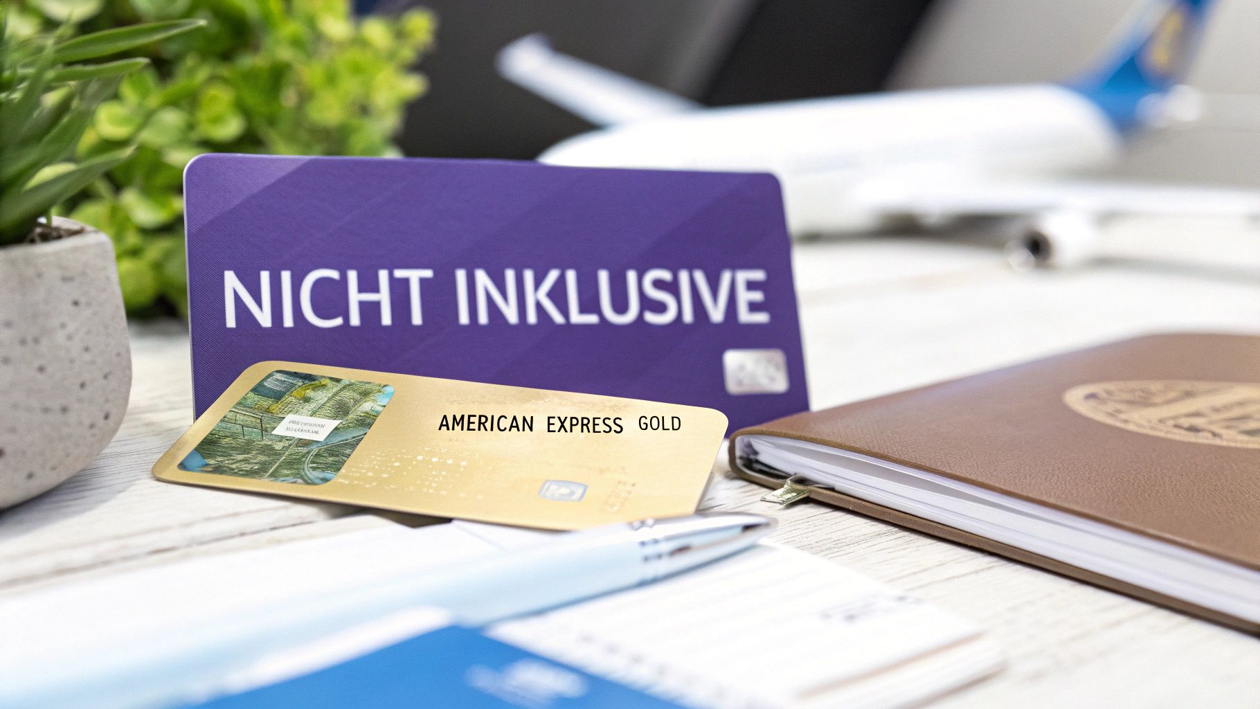Goldene American Express Karte und 'Nicht Inklusive' Karte mit Reiseutensilien auf Holztisch.