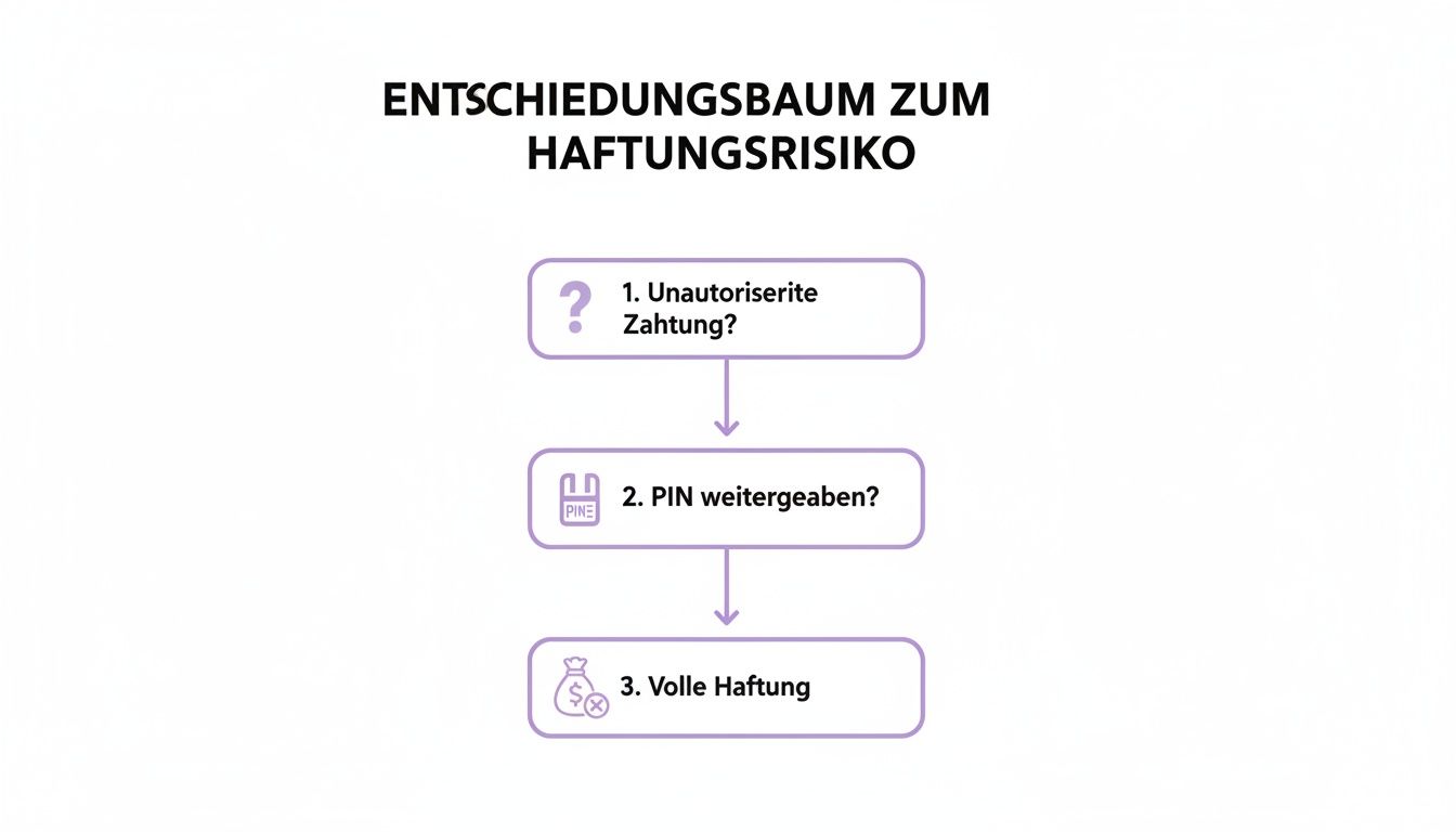 Entscheidungsbaum zum Haftungsrisiko bei unautorisierten Zahlungen, der die Verantwortung bei PIN-Weitergabe aufzeigt.
