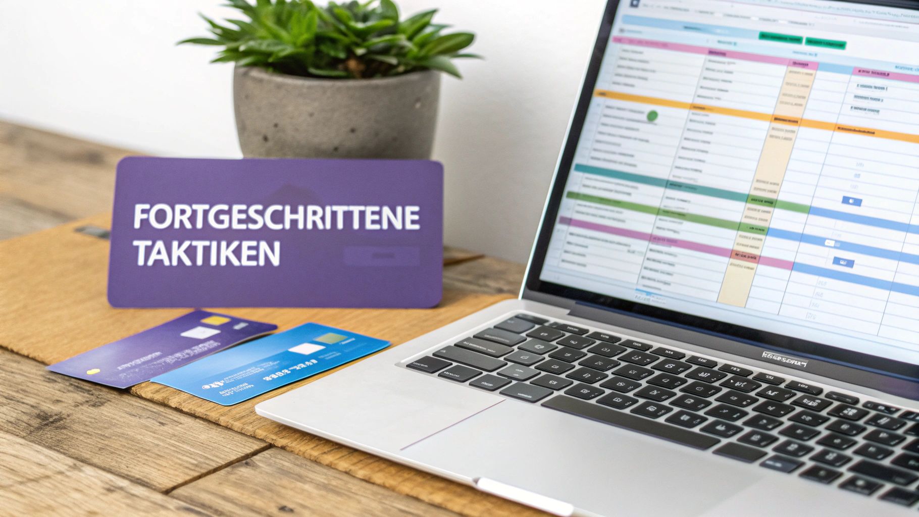 Laptop mit Tabellenanzeige, Kreditkarten und einem Schild mit der Aufschrift 'FORTGESCHRITTENE TAKTIKEN'.