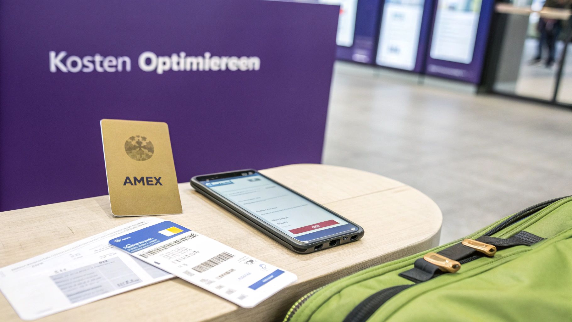 Eine Person blickt nachdenklich auf eine American Express Karte, umgeben von Fragezeichen-Icons.
