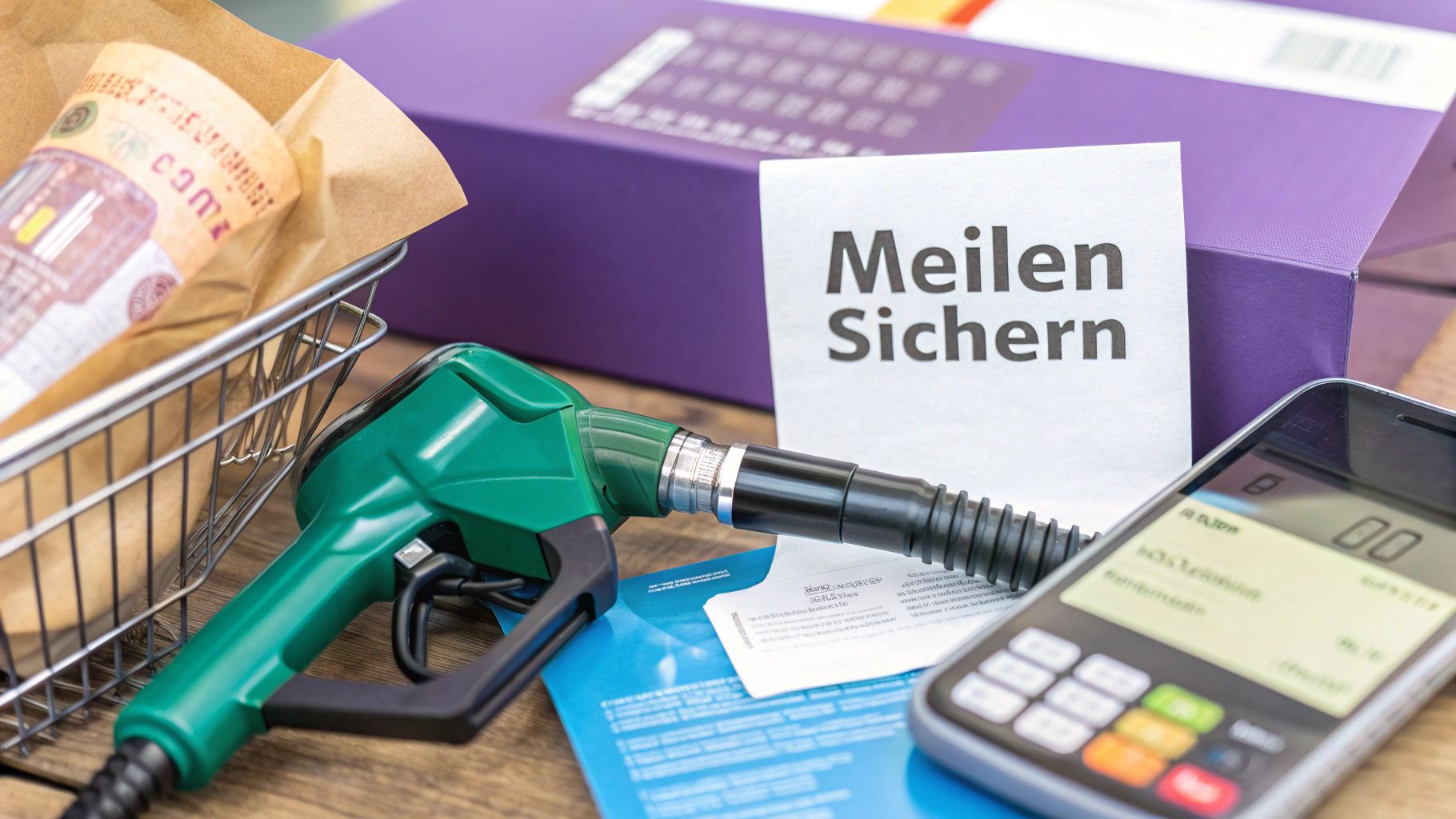 Grüne Zapfpistole neben einem Taschenrechner und einem Schild mit der Aufschrift 'Meilen Sichern'.