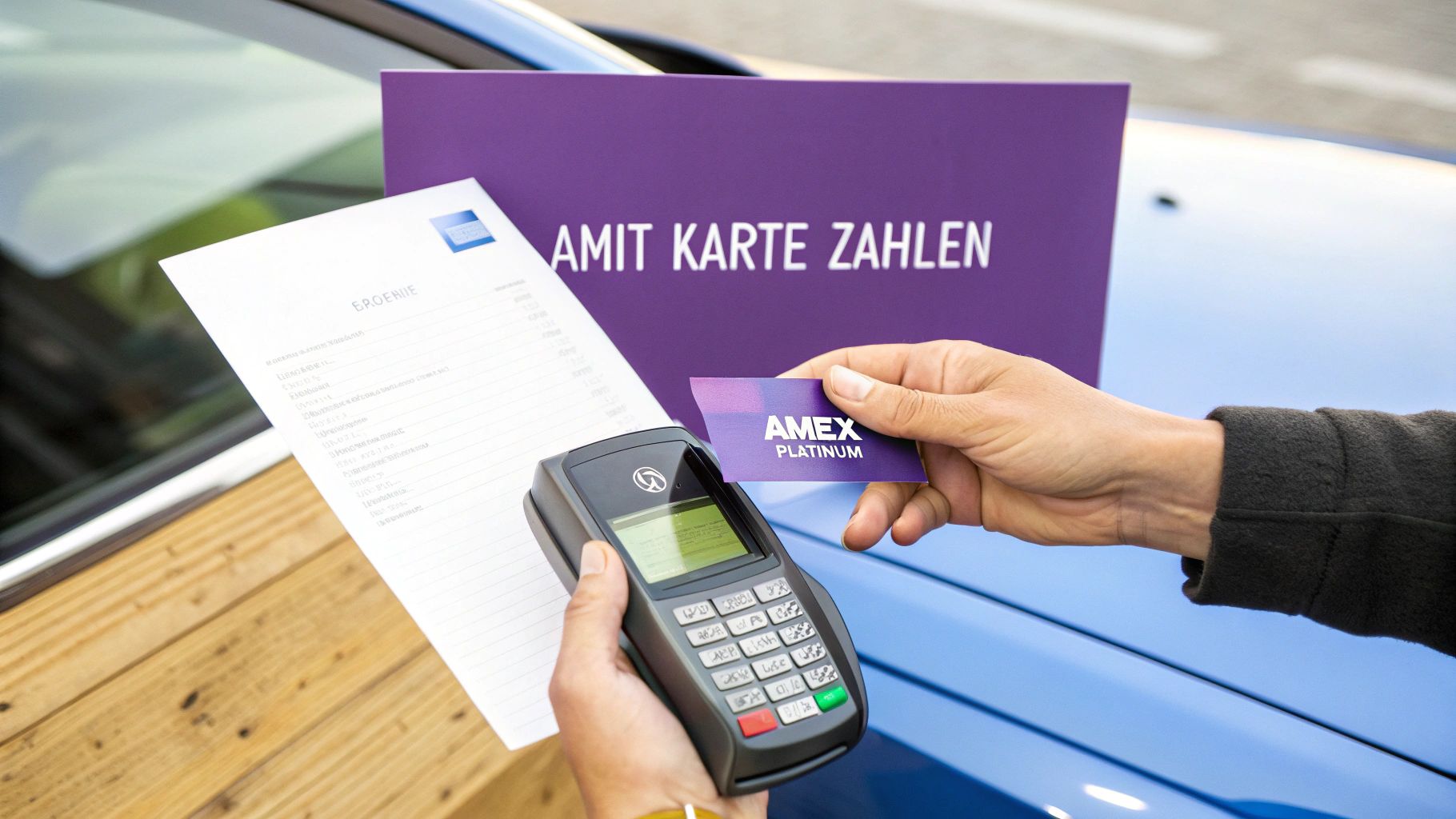 Hände präsentieren eine American Express Platinum Karte und ein Zahlterminal für eine Kartenzahlung.