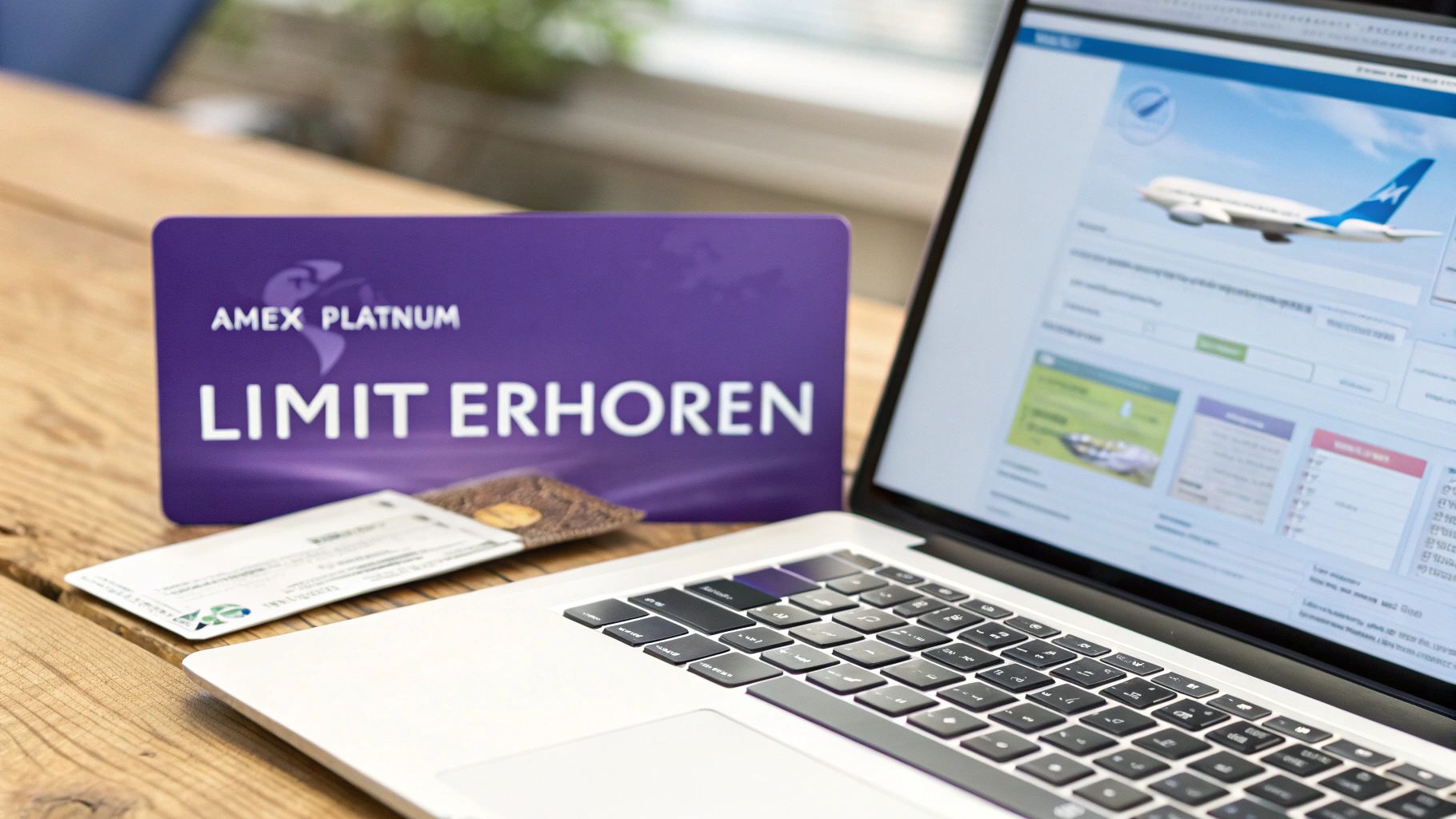 Laptop auf Holztisch mit American Express Platinum Karte und der Aufschrift „LIMIT ERHÖHEN