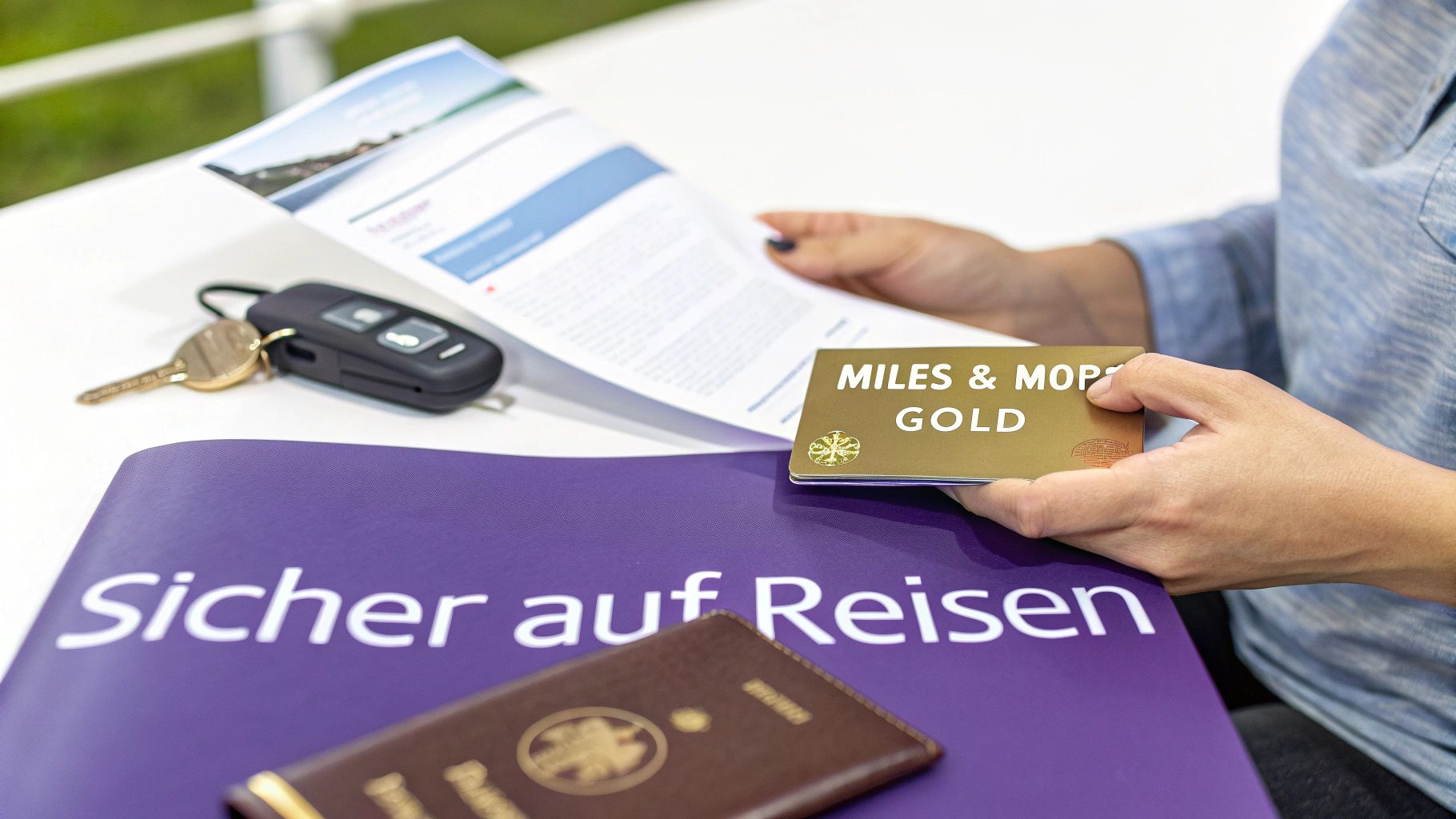 Person hält goldene Miles & More Karte neben Reisepass, Dokumenten und Autoschlüsseln auf Tisch.