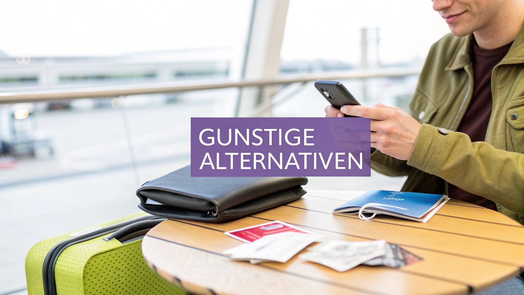 Reisender am Flughafen mit Smartphone, Gepäck und Dokumenten, über dem der Text 'GÜNSTIGE ALTERNATIVEN' liegt.