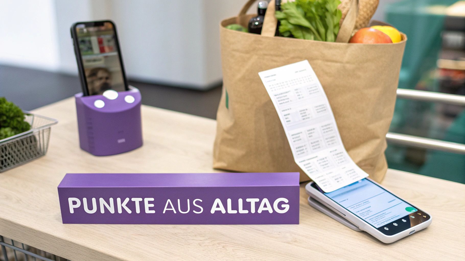 Auf einem Holztisch stehen eine gefüllte Einkaufstasche, ein Kassenbon und zwei Smartphones. Ein lila Schild zeigt 'PUNKTE AUS ALLTAG'.
