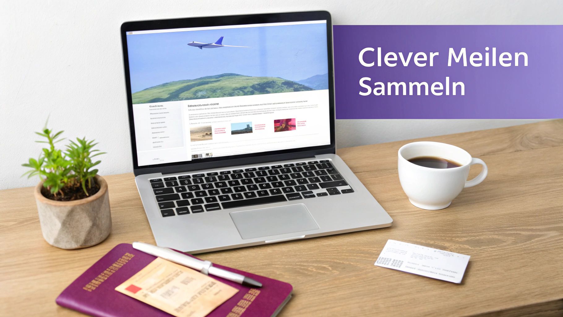 Ein Schreibtisch mit Laptop, Tasse Kaffee, Reisepass und Flugticket, daneben der Text 'Clever Meilen Sammeln'.