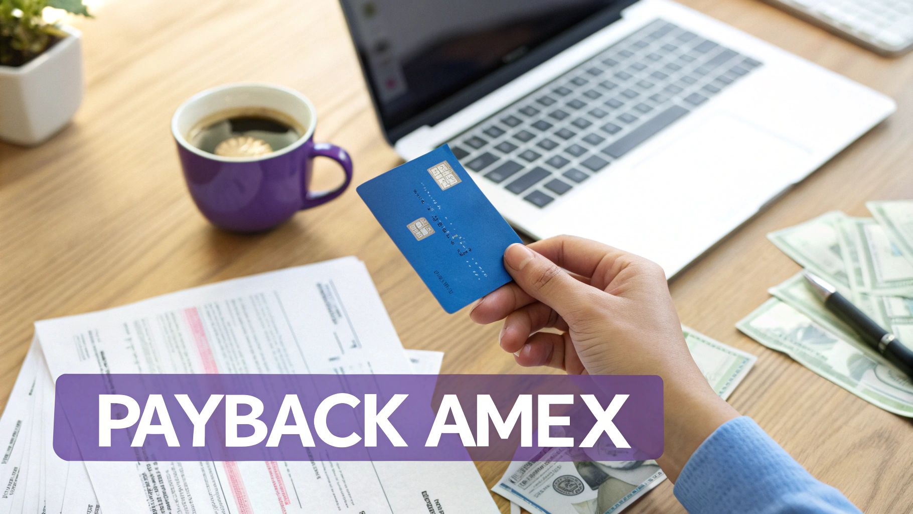 Eine Hand hält eine blaue Kreditkarte über einem Schreibtisch mit Laptop, Kaffee, Dokumenten und Geld, mit dem Text 'PAYBACK AMEX'.