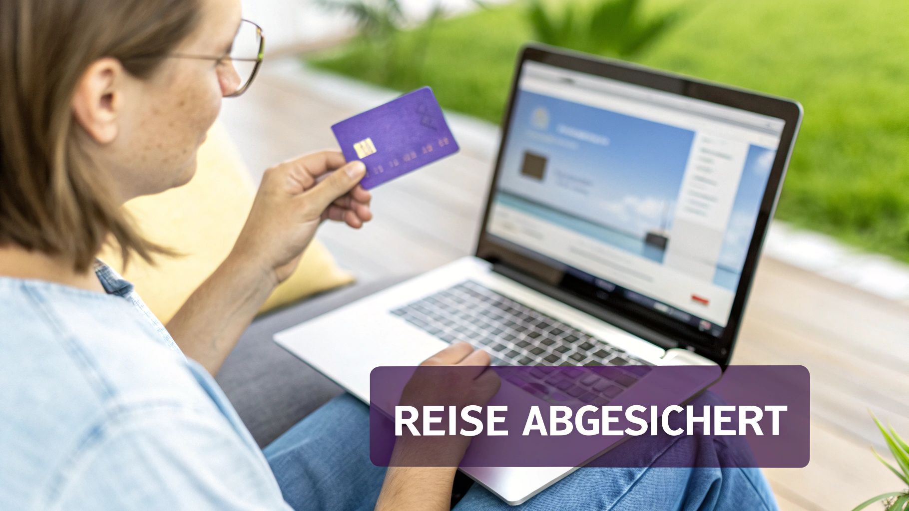 Eine Person hält eine Kreditkarte vor einer Weltkarte, was die Kombination aus Zahlung und Reiseabsicherung symbolisiert.