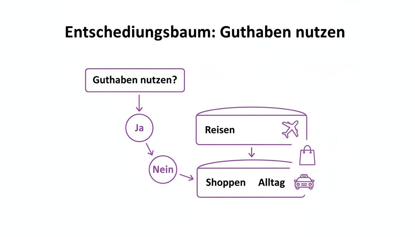 Ein Entscheidungsbaum, der die Nutzung von Guthaben in Optionen wie Reisen oder Shoppen und Alltag gliedert.