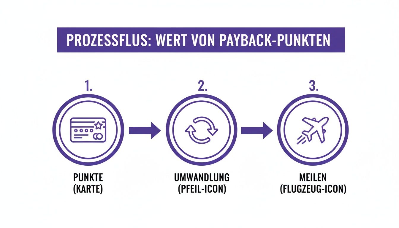 Prozessfluss zur Umwandlung von Payback-Punkten (symbolisiert durch eine Karte) in Meilen (Flugzeug-Icon).