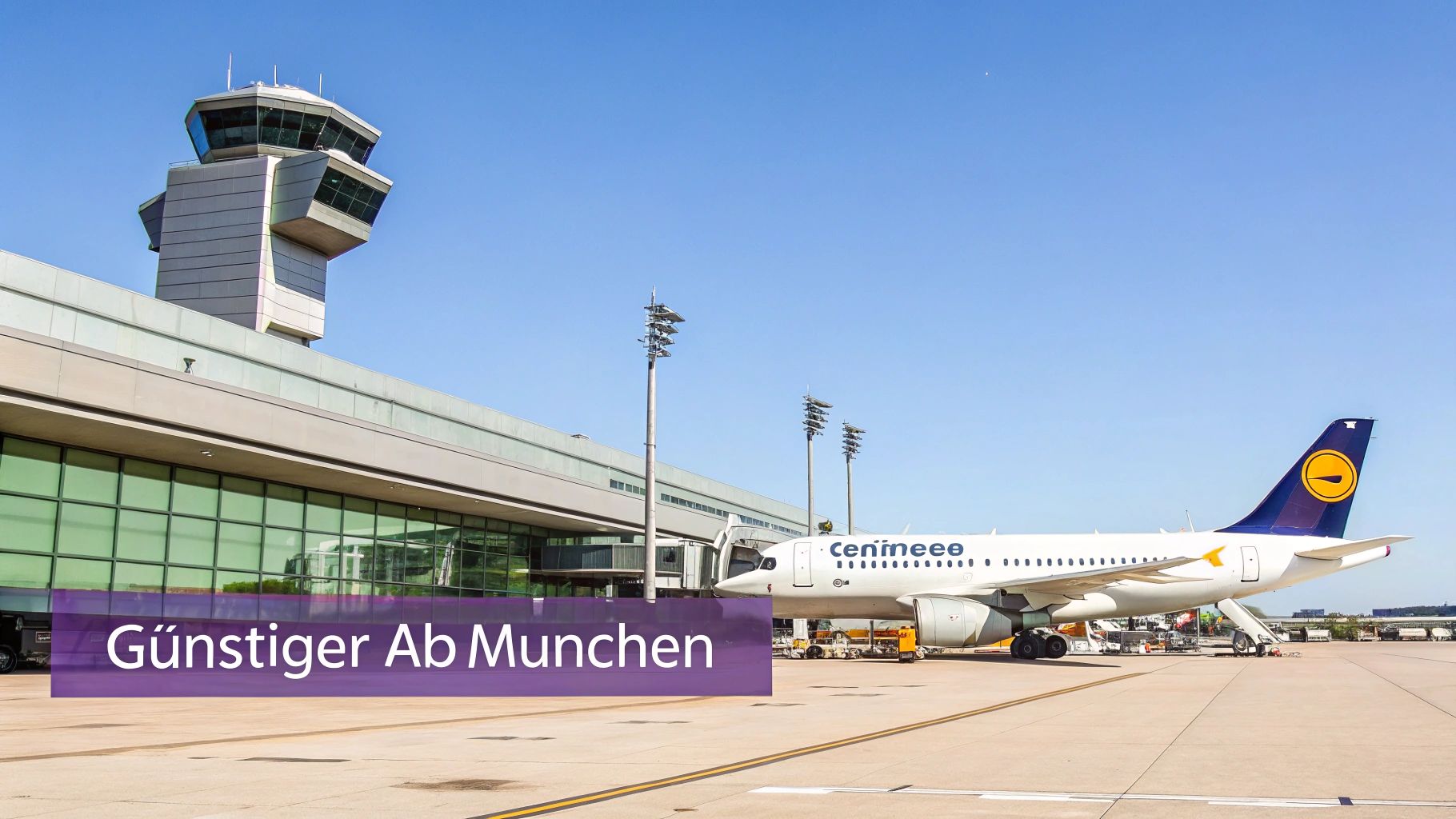 Blick auf den Flughafen München mit einem markanten Kontrollturm, Terminalgebäude und einem Lufthansa-Flugzeug auf dem Rollfeld.