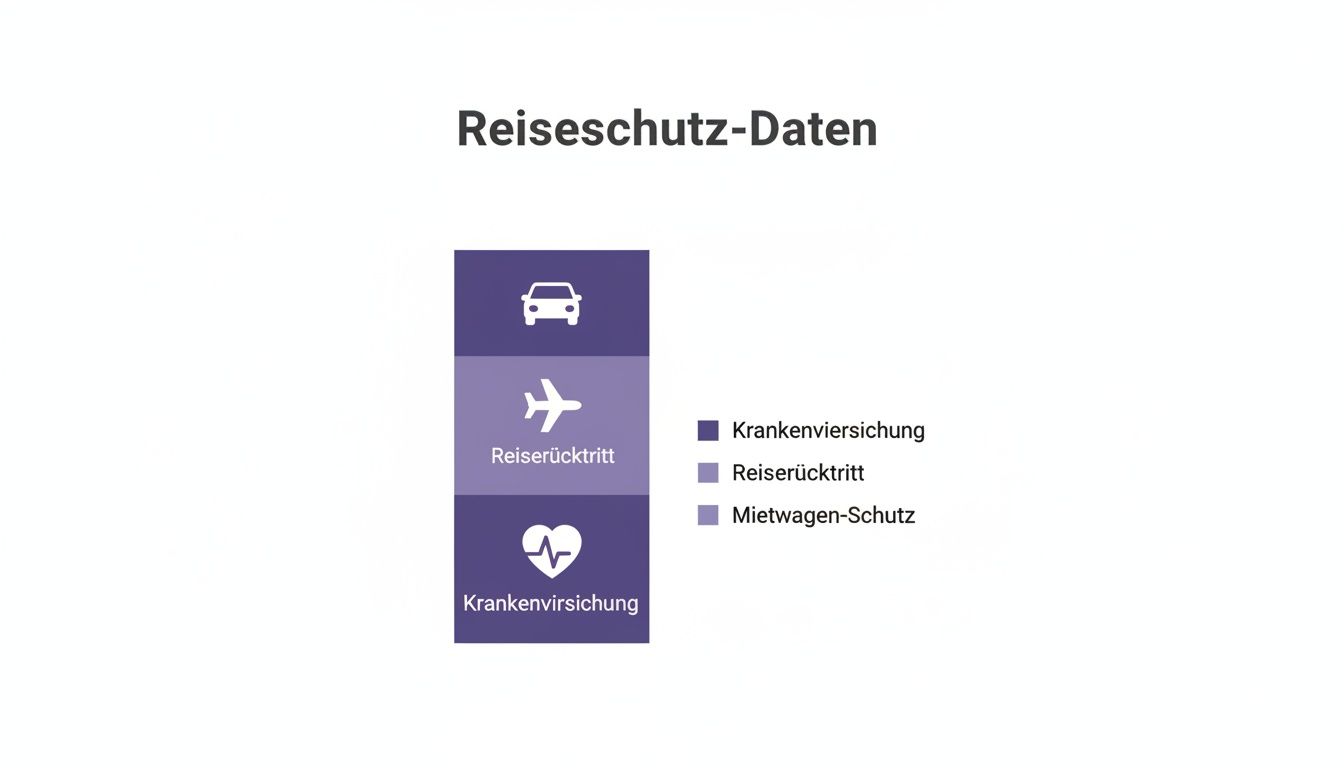 Übersicht der Reiseschutz-Daten mit Kategorien wie Mietwagen-Schutz, Reiserücktritt und Krankenversicherung, dargestellt mit Icons.