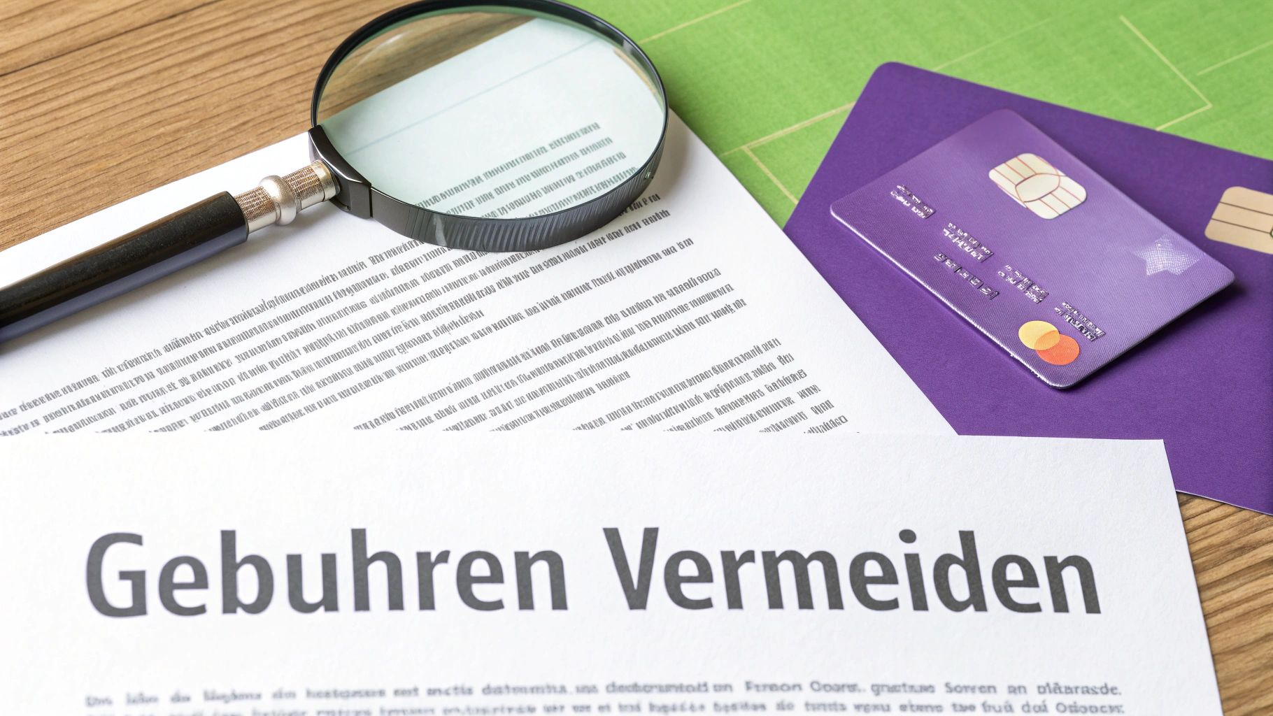 Nahaufnahme eines Dokuments mit der Überschrift 'Gebühren Vermeiden', Lupe und Kreditkarten auf einem Holztisch.