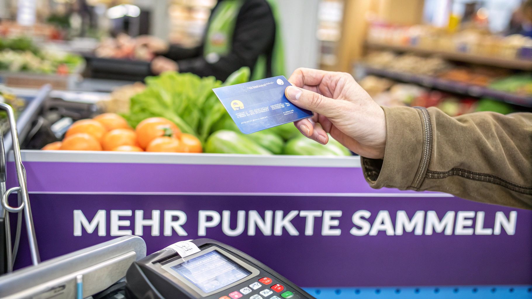 Eine Hand hält eine Payback-Karte über ein Kartenterminal an der Supermarktkasse, um Punkte zu sammeln.
