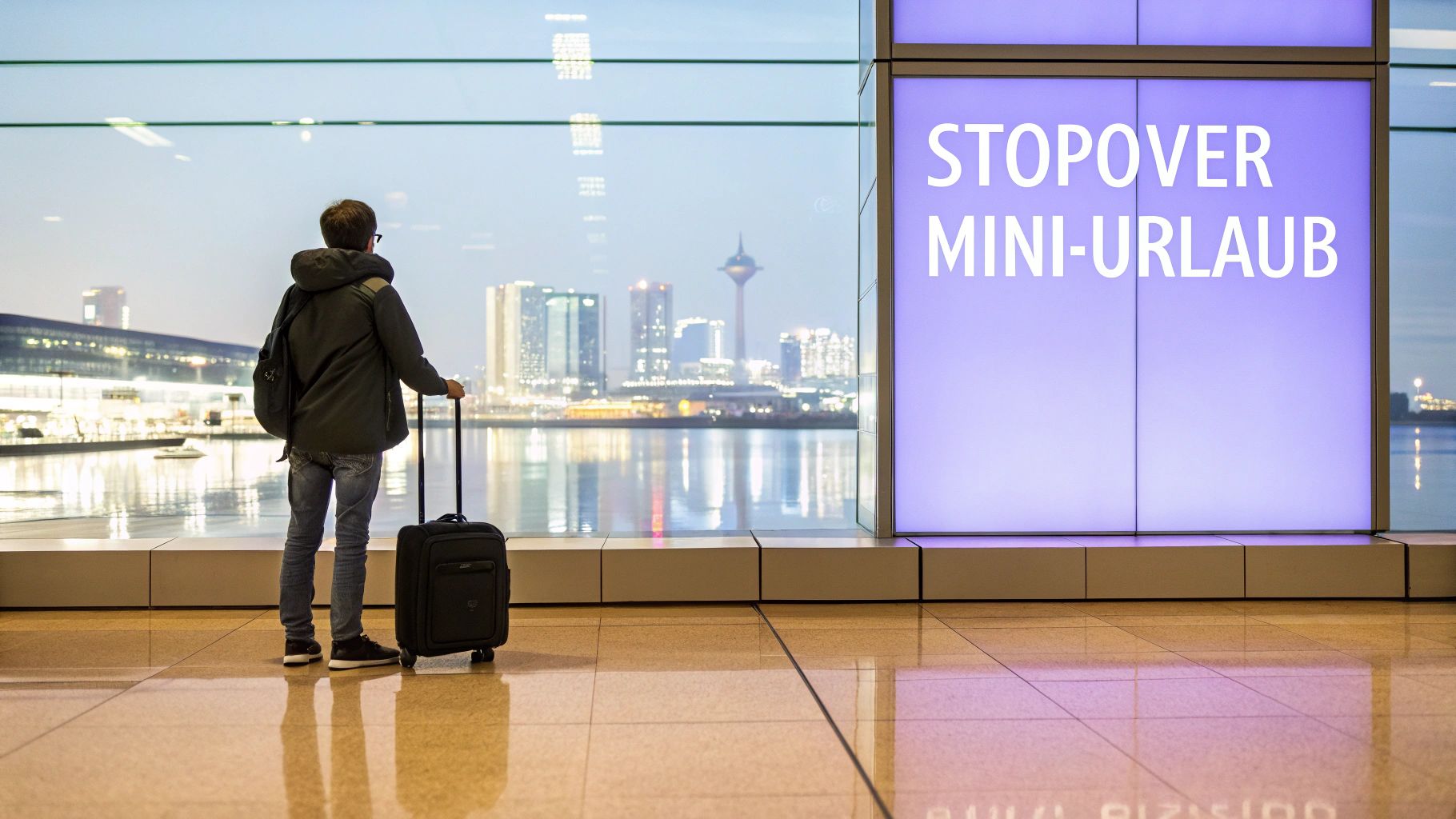 Mann mit Koffer blickt aus Flughafenfenster auf Stadtansicht bei Dämmerung, daneben leuchtet ein 'Stopover Mini-Urlaub'-Schild.