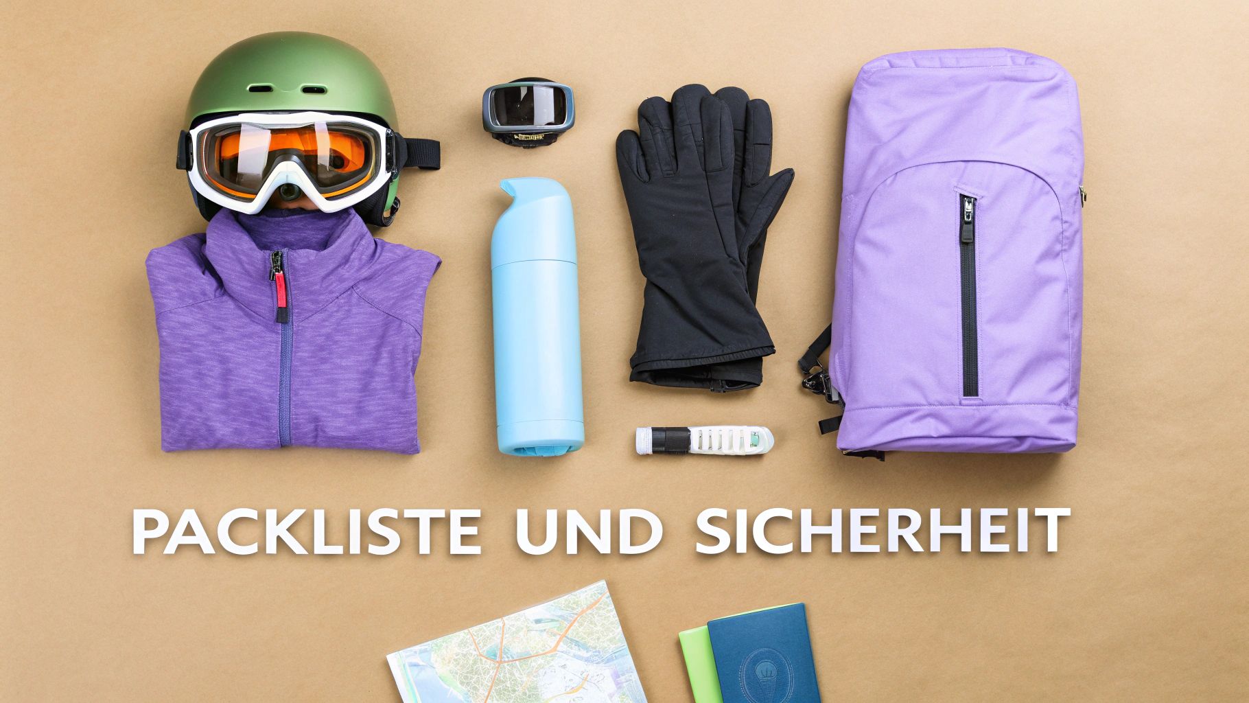 Flach gelegtes Ski-Equipment: Helm, Skibrille, Fleecejacke, Handschuhe, Rucksack, Trinkflasche und Notfallausrüstung. Packliste und Sicherheit.