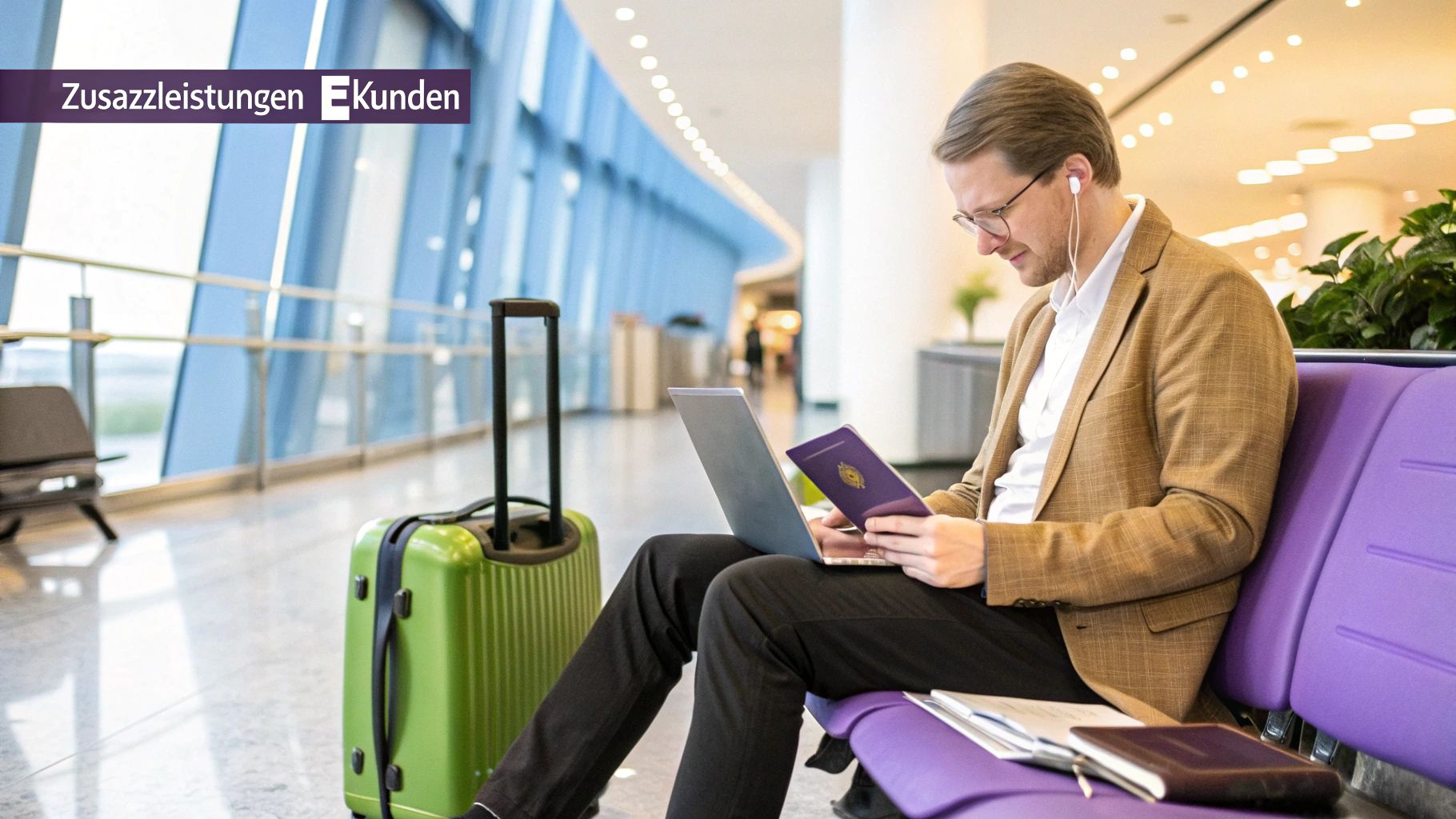 Eine Person entspannt in einer Flughafen-Lounge, was die exklusiven Reisevorteile der Amex Business Karte symbolisiert
