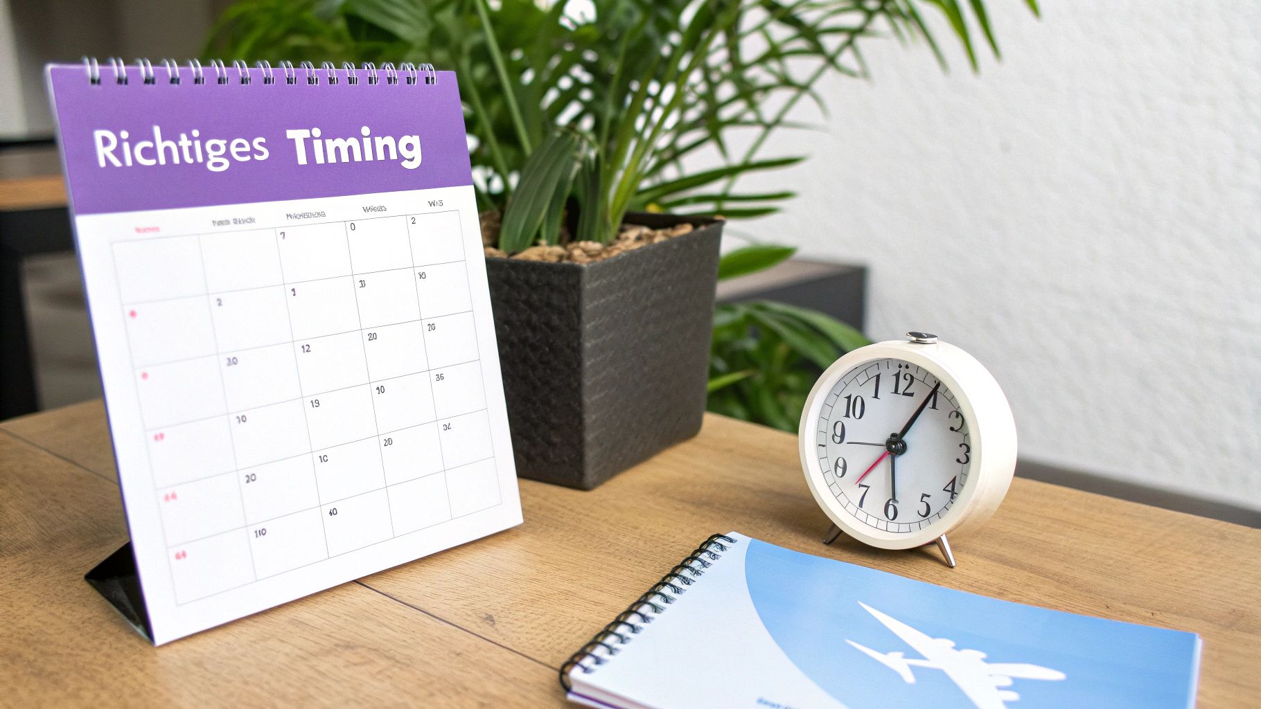 Ein Schreibtisch mit einem Kalender mit der Aufschrift „Richtiges Timing