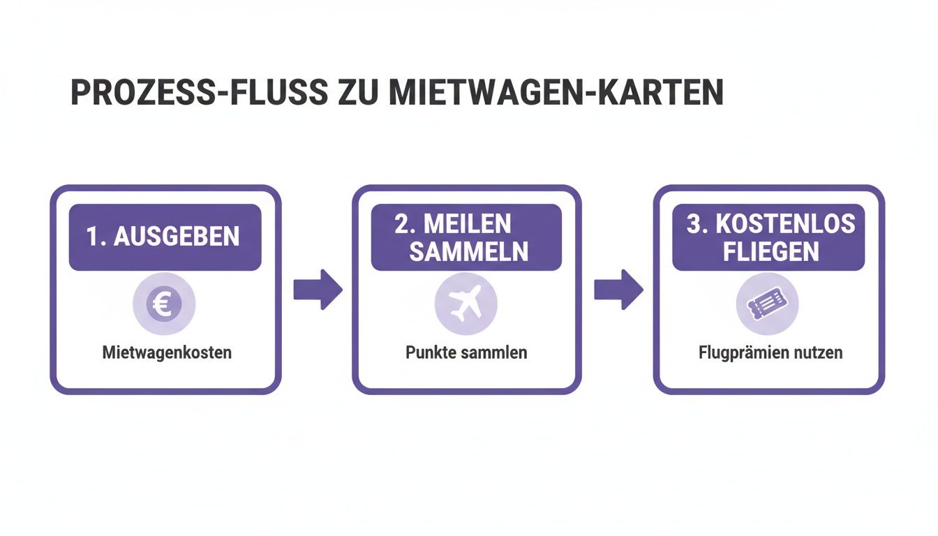 Infografik zeigt den dreistufigen Prozess, wie man durch Mietwagenkosten Punkte sammelt, um kostenlos zu fliegen.