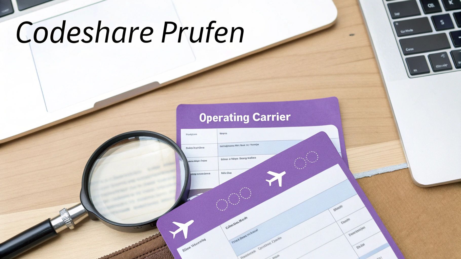 Nahaufnahme eines Schreibtisches mit Laptop, Lupe und lila Karten, die Codeshare-Fluginformationen prüfen.