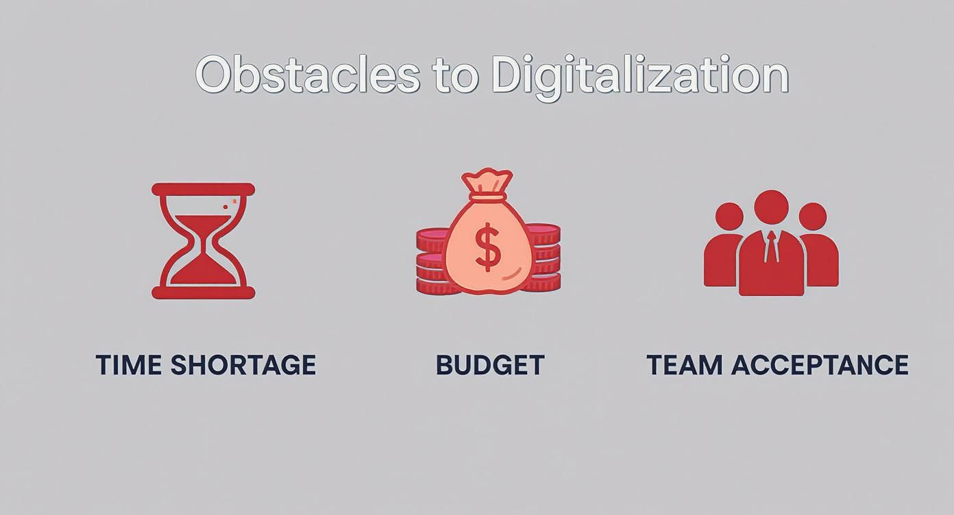 Infografik zu den 3 häufigsten Hürden der Digitalisierung Zeitmangel, Budget, Team-Akzeptanz