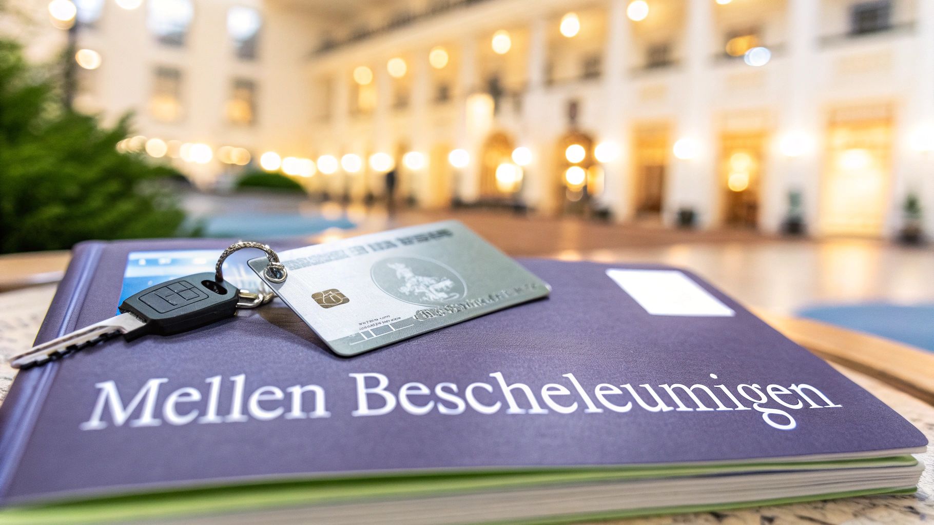 Ein Autoschlüssel und eine Miles & More Kreditkarte liegen auf einem Buch vor einem beleuchteten Hotel.