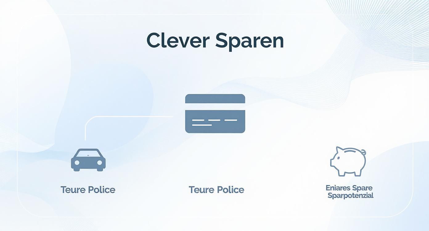 Infografik: Clever Sparen durch den Vergleich von teuren Auto- und Kreditkartenpolicen, um Sparpotenzial zu nutzen.