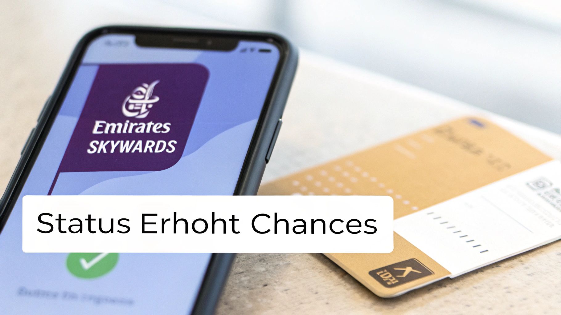 Ein Smartphone zeigt die Emirates-Skywards-App mit einem grünen Haken. Der Text „Status erhöht Chancen