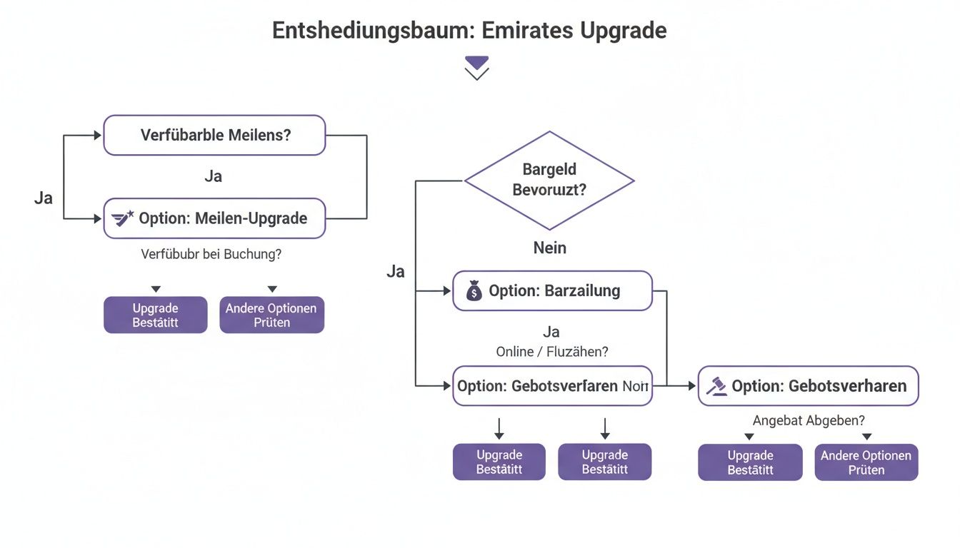 Entscheidungsbaum für Emirates Upgrade-Optionen basierend auf Meilen, Bargeld oder Gebotsverfahren.