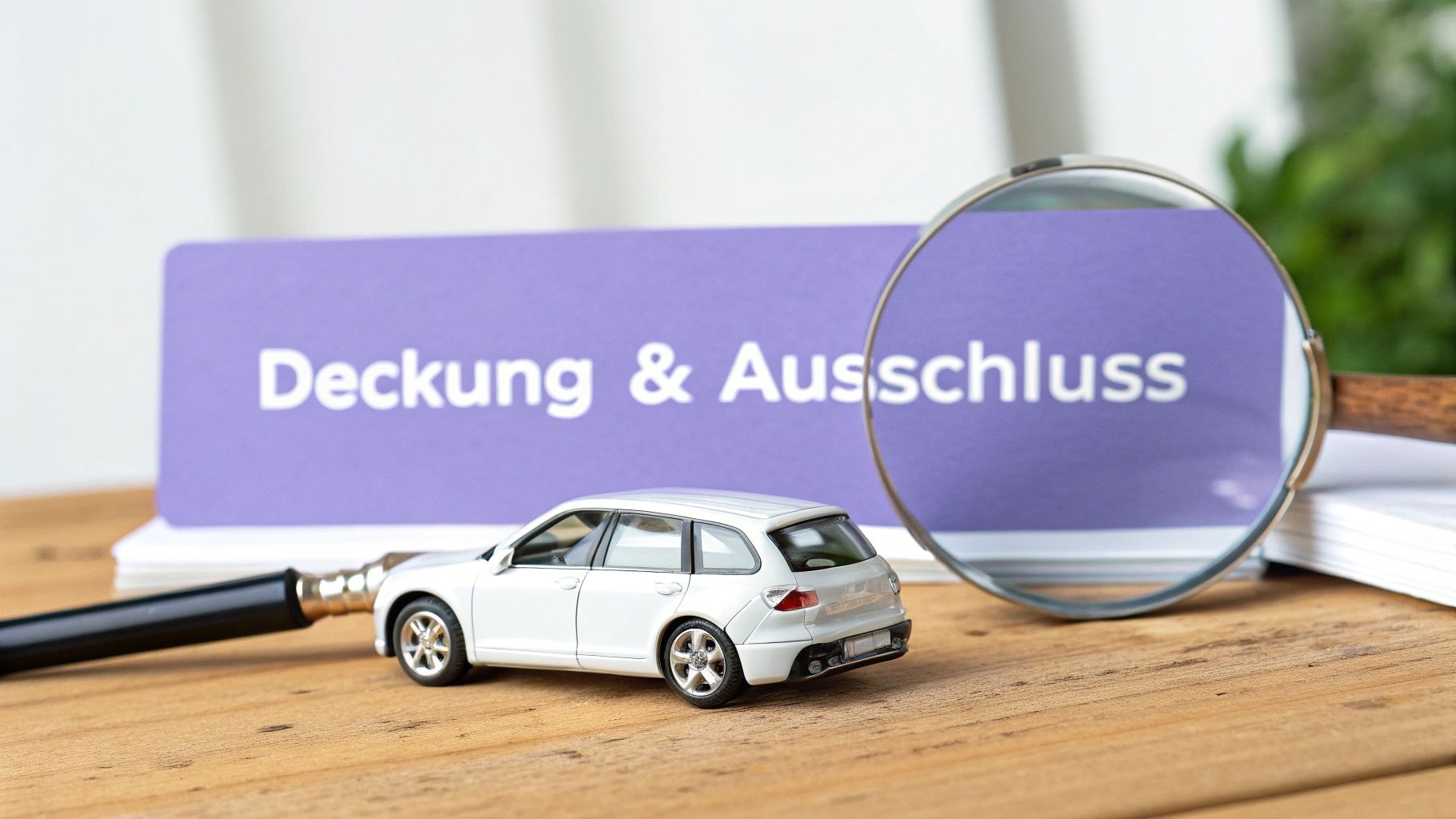 Ein Spielzeugauto steht neben einer Lupe und einem Schild mit der Aufschrift 'Deckung & Ausschluss' auf einem Holztisch, symbolisiert die Suche nach Kfz-Versicherungsdetails.