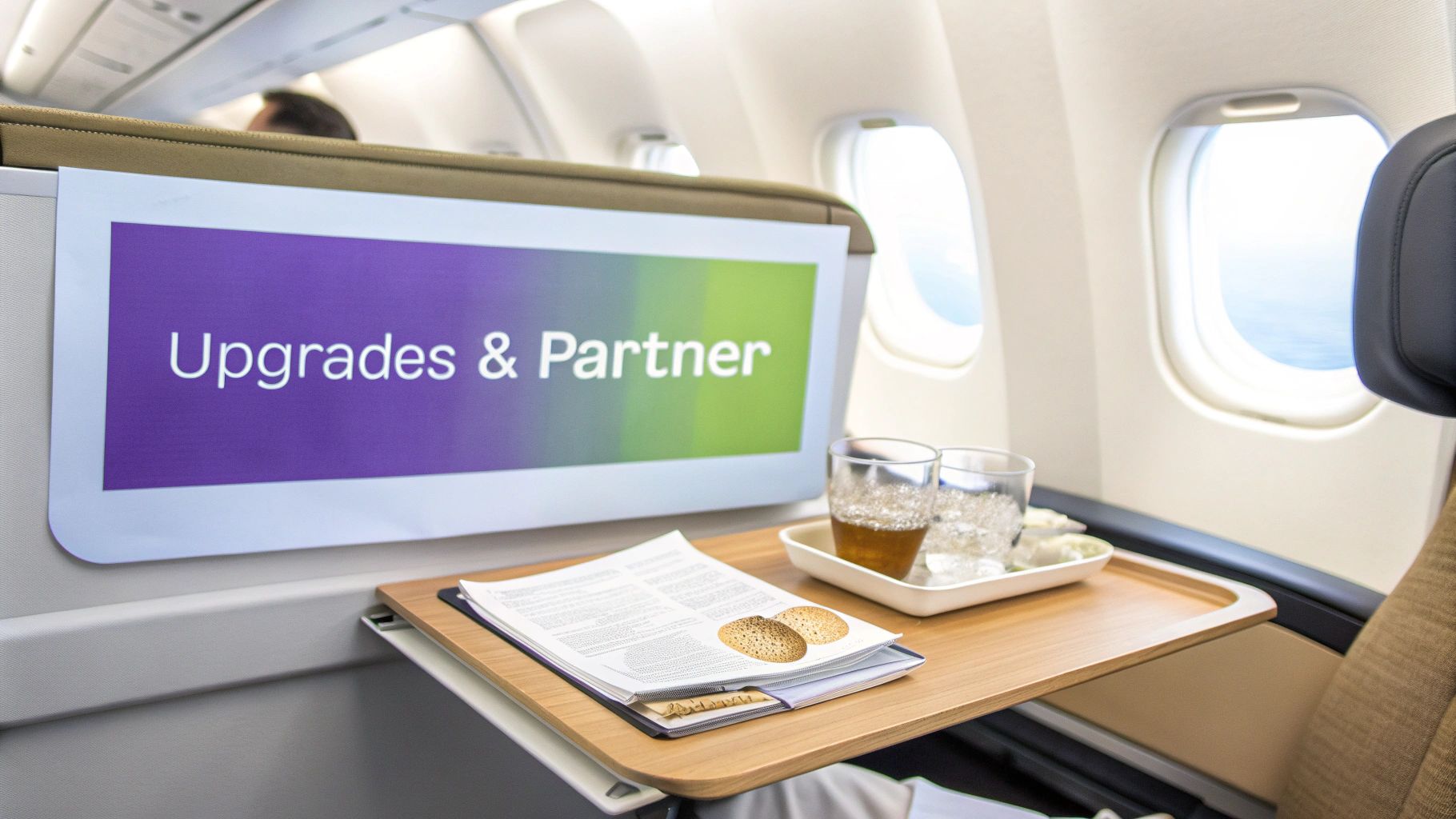 Innenansicht einer Flugzeugkabine: Tablett mit Getränken und Gebäck, dahinter ein Bildschirm mit der Aufschrift 'Upgrades & Partner'.