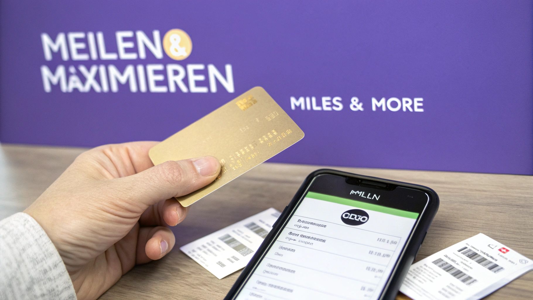 Hand hält goldene Miles & More Kreditkarte neben Smartphone und Belegen auf Holztisch vor lila Hintergrund.