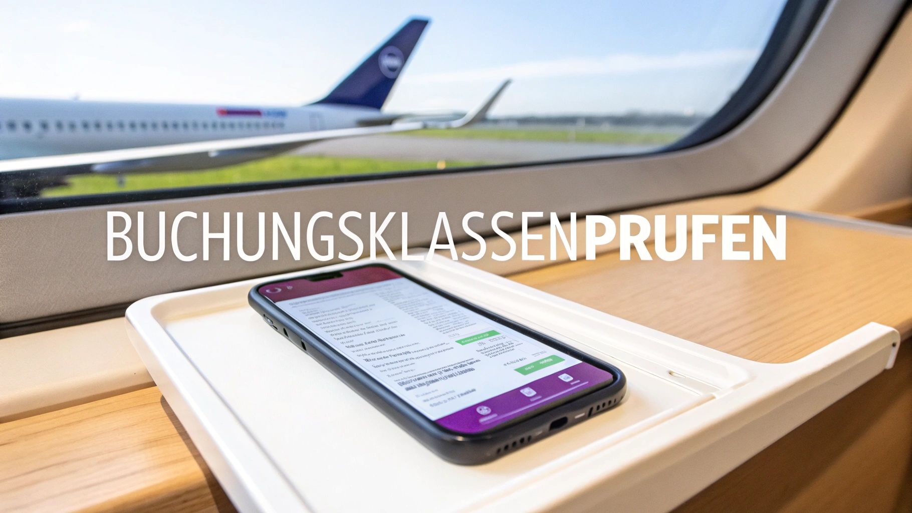 Smartphone auf einem Tisch im Flugzeug, mit Blick auf ein Flugzeug, zeigt Buchungsklassenprüfung an.