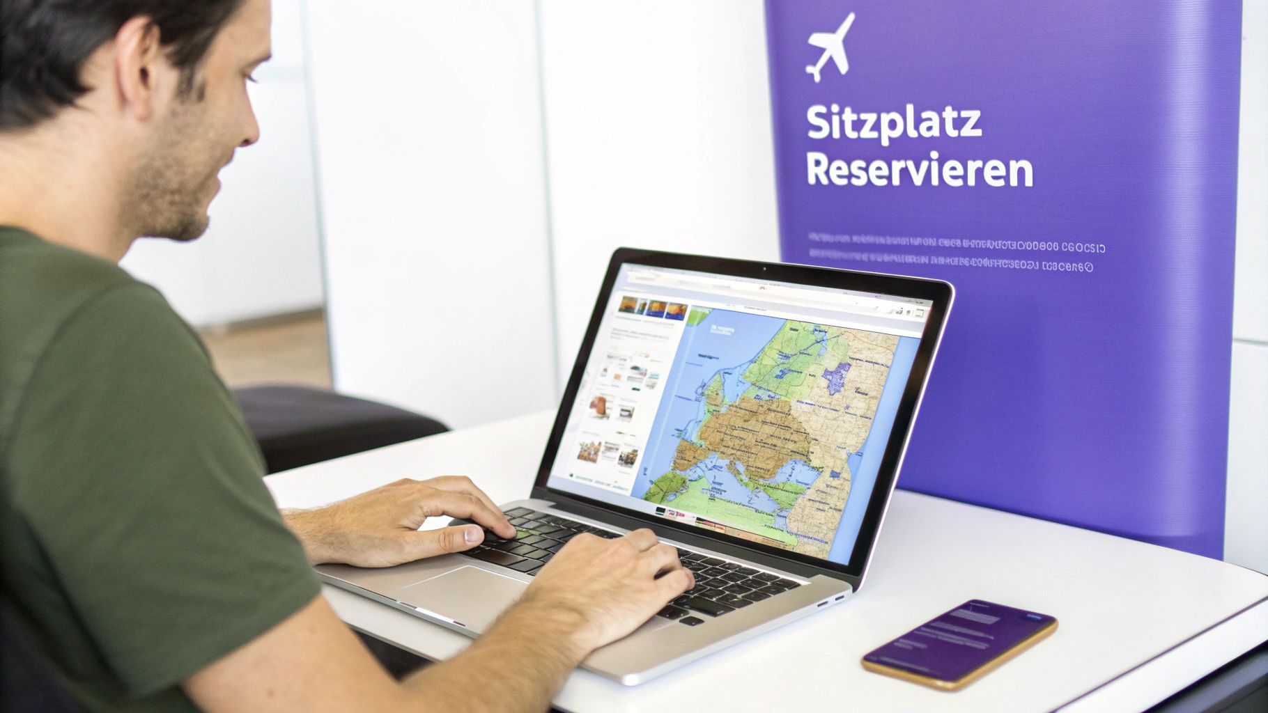 Eine Person wählt am Smartphone einen Sitzplatz in einem Flugzeug aus.