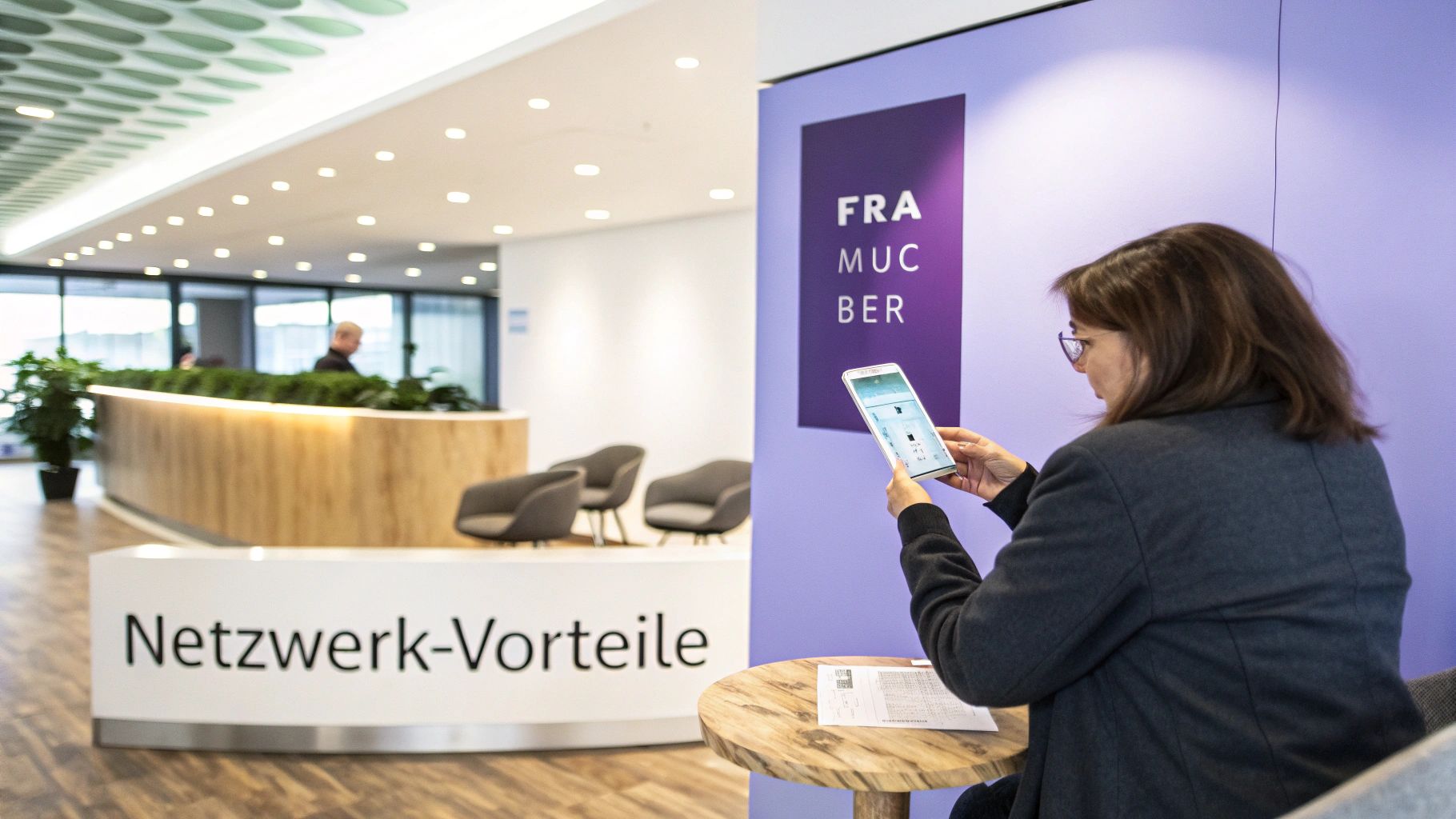 Eine Frau sitzt in einer modernen Lounge, schaut auf ihr Smartphone, mit einem "FRA MUC BER" Schild im Hintergrund.
