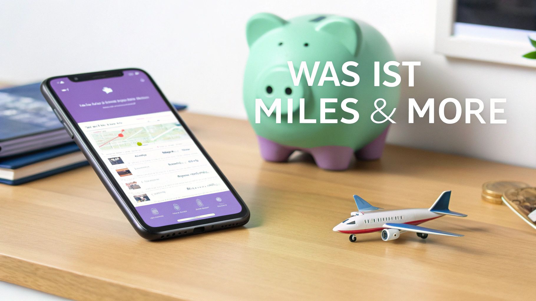 Ein Smartphone mit Miles & More App, eine Spardose und ein Spielzeugflugzeug auf einem Holztisch, symbolisieren Reisevorteile.