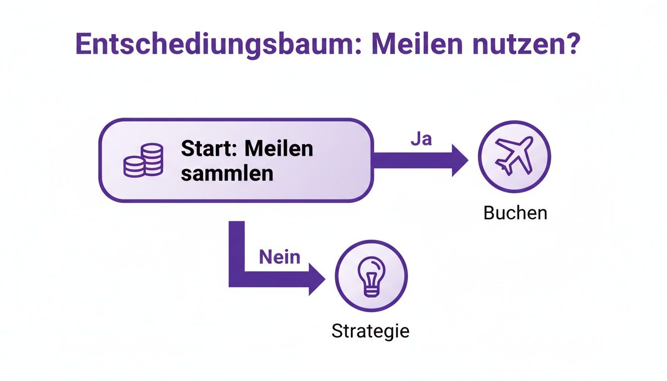 Ein Entscheidungsbaum zur Meilennutzung, beginnend mit "Meilen sammeln". Ja führt zu "Buchen" (Flugzeug), Nein zu "Strategie" (Glühbirne).