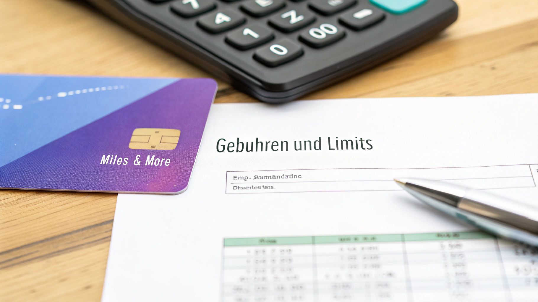 Nahaufnahme einer Miles & More Kreditkarte, einem Taschenrechner und einem Dokument mit der Überschrift "Gebühren und Limits" auf einem Holztisch.
